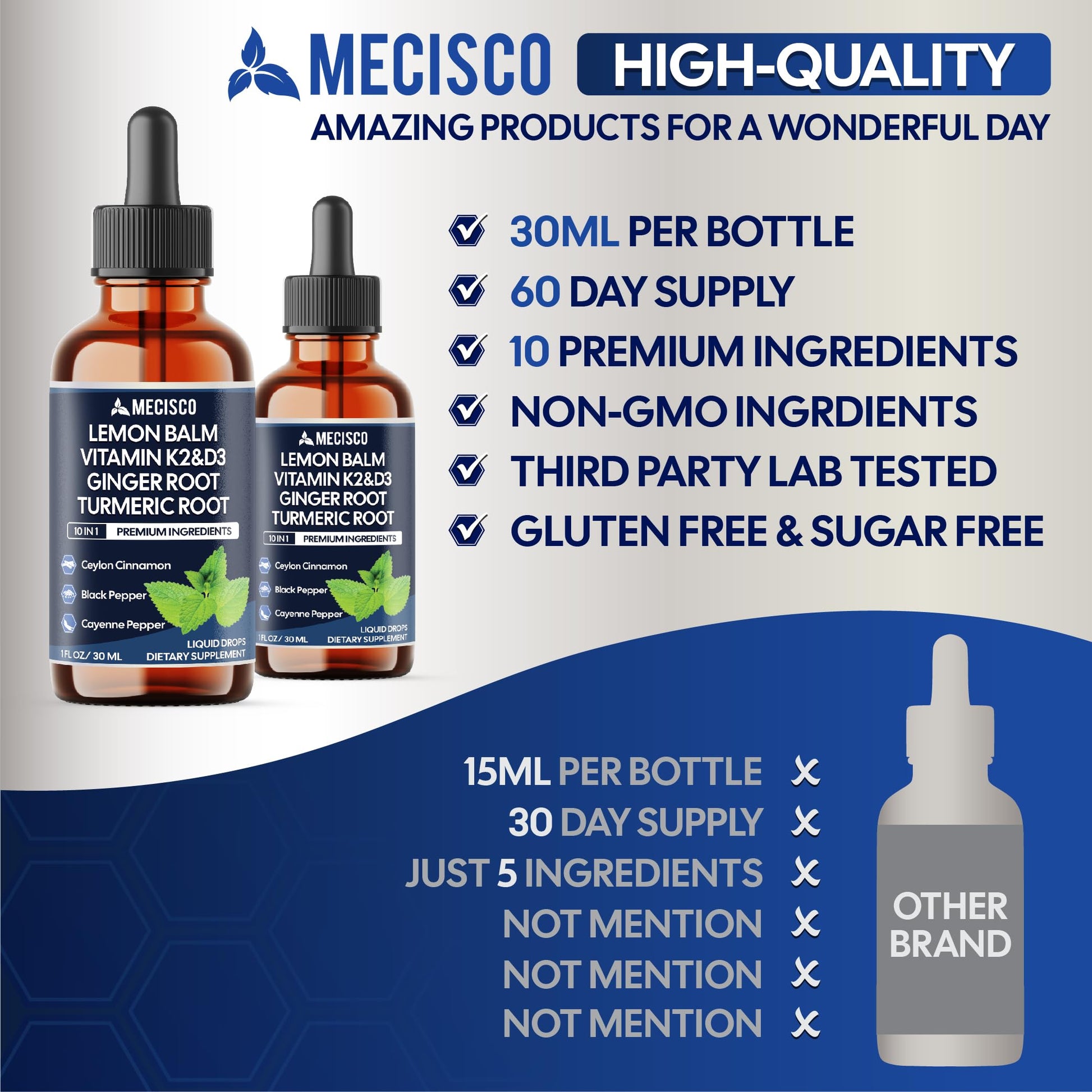 10in1 Lemon Balm Liquid Drops Blend Includes Vitamin D3, Vitamin K2, Lemon Balm, Ginger, Turmeric, Ceylon Cinnamon, Black Pepper, Cayenne Pepper, Berberine, Valerian Root - 1 FL Oz - 2 Month Supply Mecisco buy supplements canada
