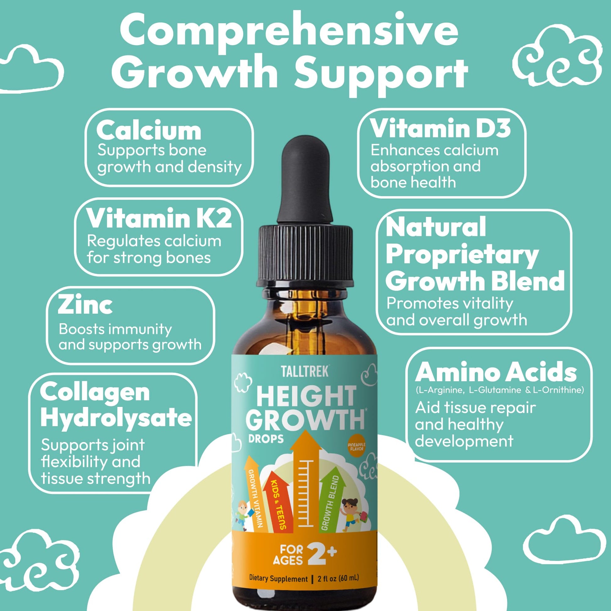 TallTrek Height Growth Supplement Drops for Kids - Teens Bone Growth Height Increase and Maximizer Immune Health Drops with Vitamins D3 K2 Zinc & Calcium - Gluten Free Vegan Pineapple Flavor TallTrek buy supplements canada
