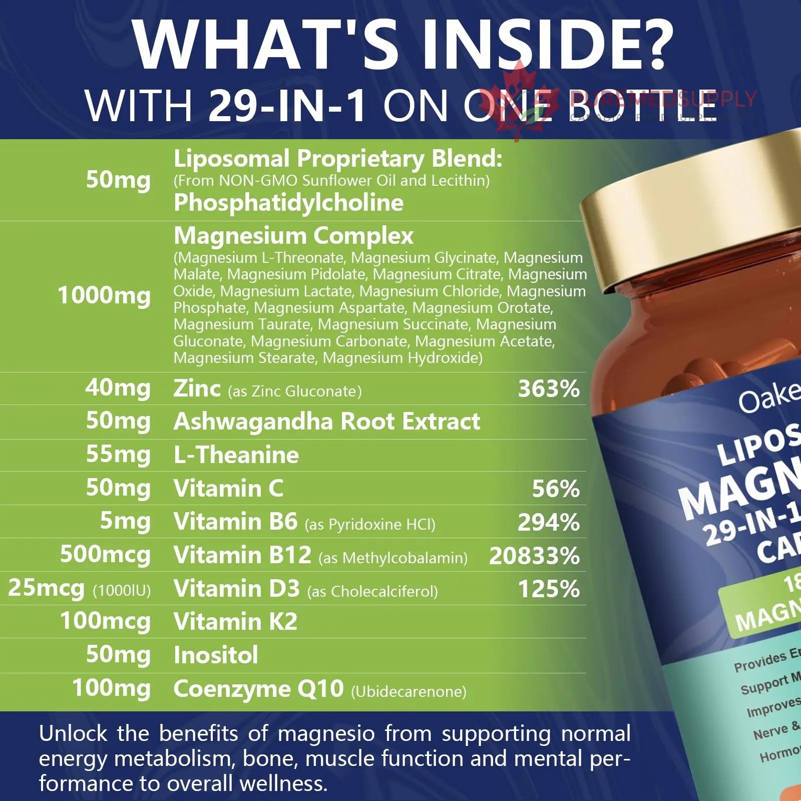 29-in-1 Liposomal 18 Active Types Magnesium Complex 1400MG Capsule,L-Threonate Glycinate Malate etc,Mild & Efficient,Extra Vitamin B6 B12 D3K2 & CoQ10, Relaxation Nerve* & Hert* Support Oakevlp buy supplements canada
