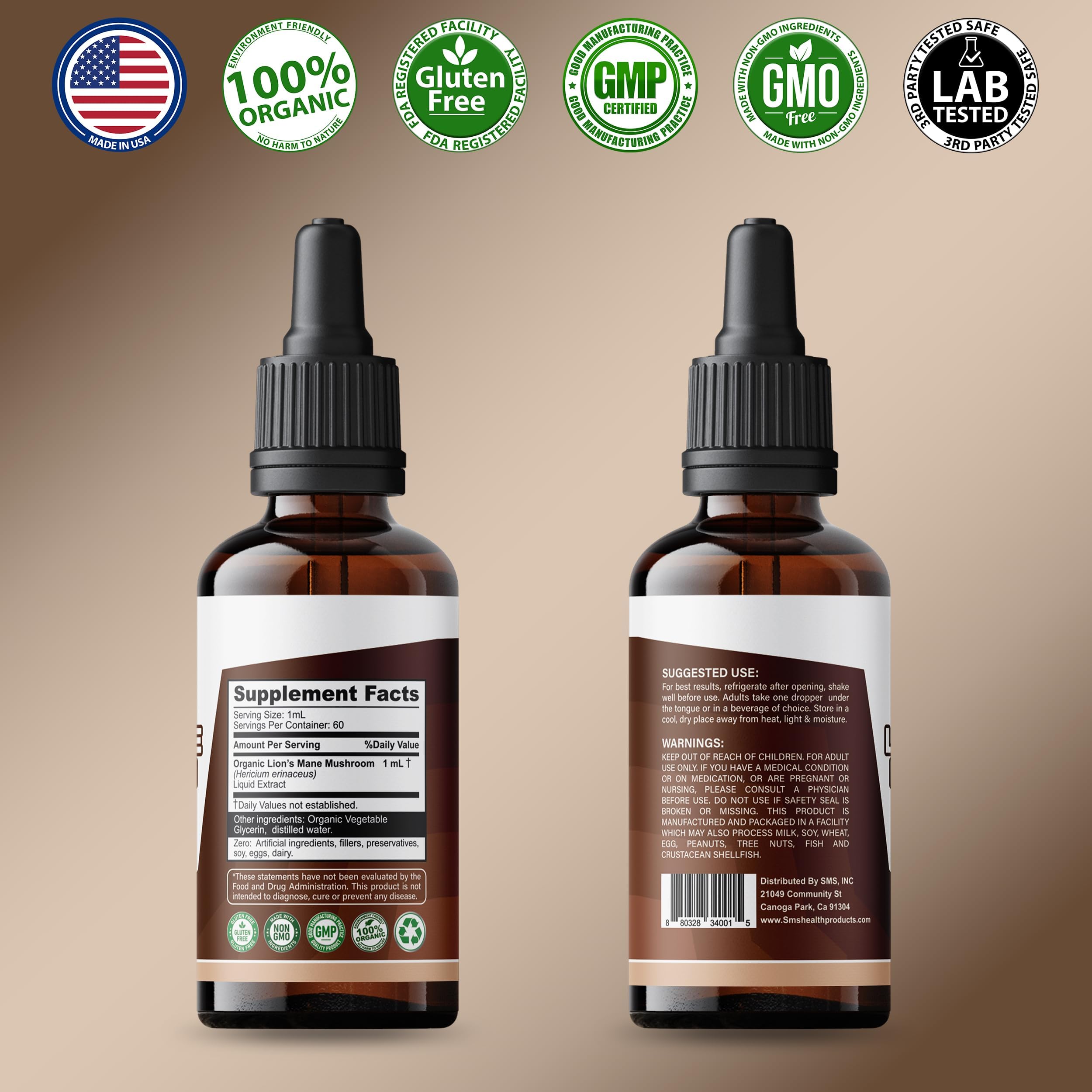 Lion's Mane Mushroom Drops Supplement, Lions Mane Tincture, Natural SMSHEALTHPRODUCTS.com buy supplements canada