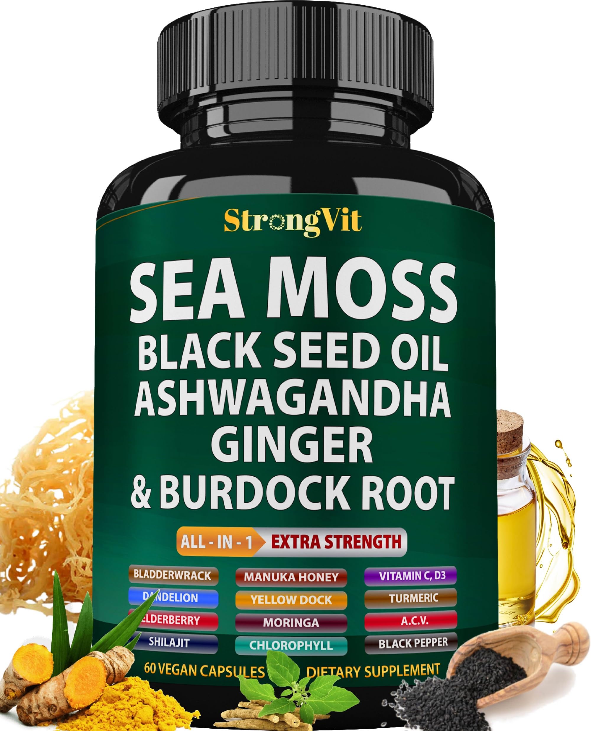 StrongVit Sea Moss Black Seed Oil Ashwagandha Ginger, Organic Sea Moss Capsules with Burdock Root, Irish Seamoss Pills with Bladderwrack, Advanced Multimineral Supplement, USA StrongVit buy supplements canada