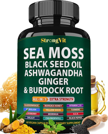 StrongVit Sea Moss Black Seed Oil Ashwagandha Ginger, Organic Sea Moss Capsules with Burdock Root, Irish Seamoss Pills with Bladderwrack, Advanced Multimineral Supplement, USA StrongVit buy supplements canada