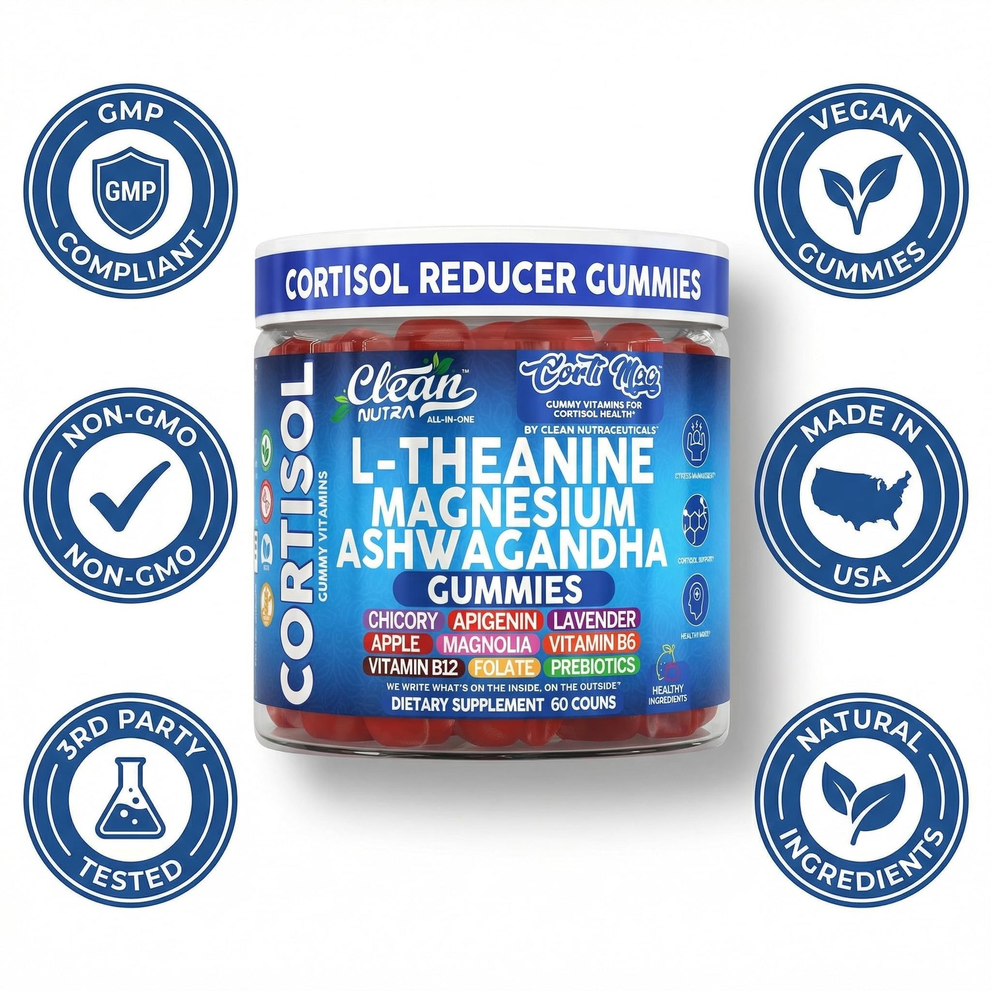 Clean Nutra Cortisol Supplement Gummies L-Theanine Magnesium Ashwagandha Apigenin Vitamin B6 Sleep and Calm Support Lavender Chicory Prebiotic Advanced Gummy Formula Clean Nutraceuticals buy supplements canada