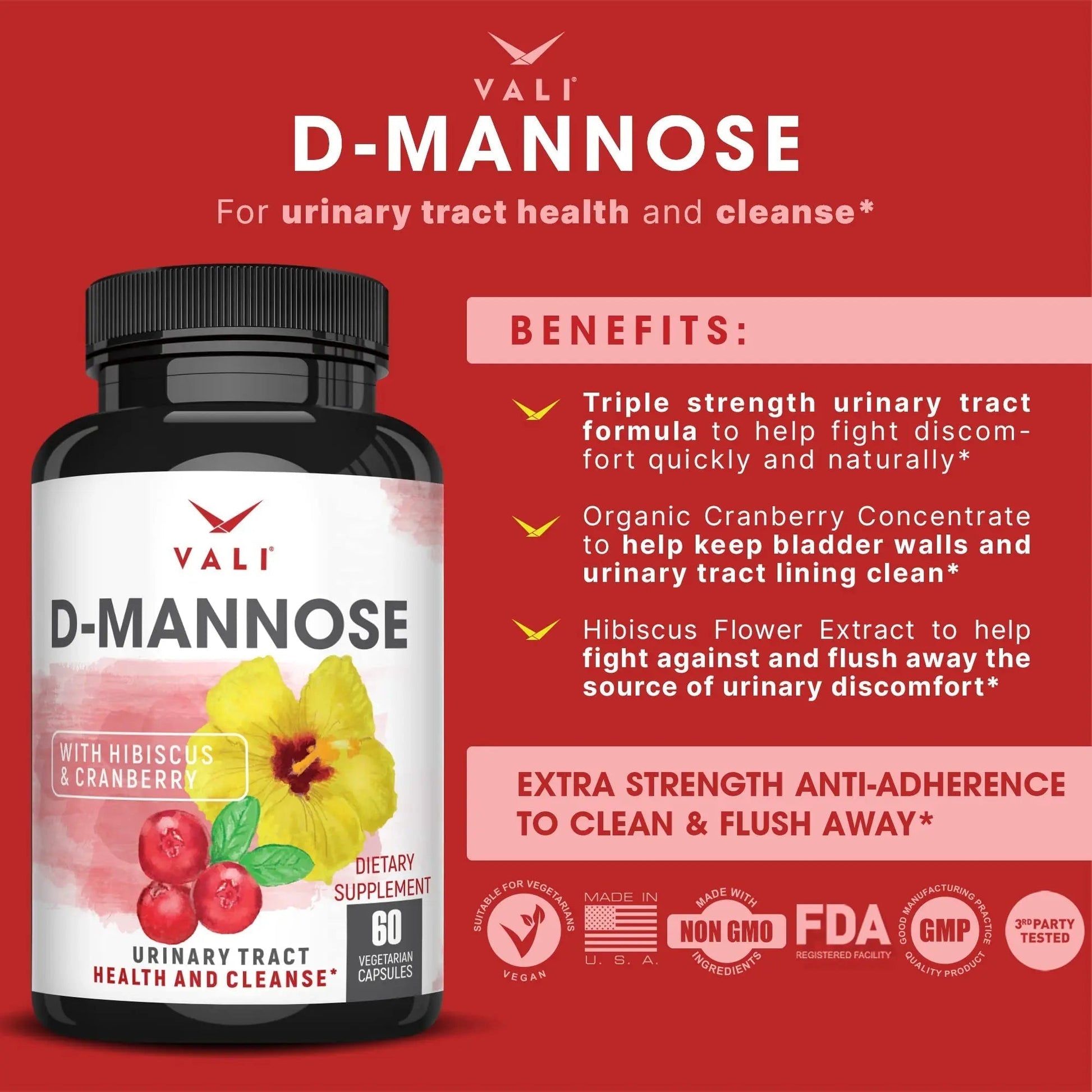 VALI D-Mannose 1000mg Urinary Tract Health Formula. Organic Cranberry Fruit Powder & Hibiscus. Healthy Bladder, Natural Cleanse, Fast Detox Flush, Herbal UT Function Support Pills. 60 Veggie Capsules VALI buy supplements canada
