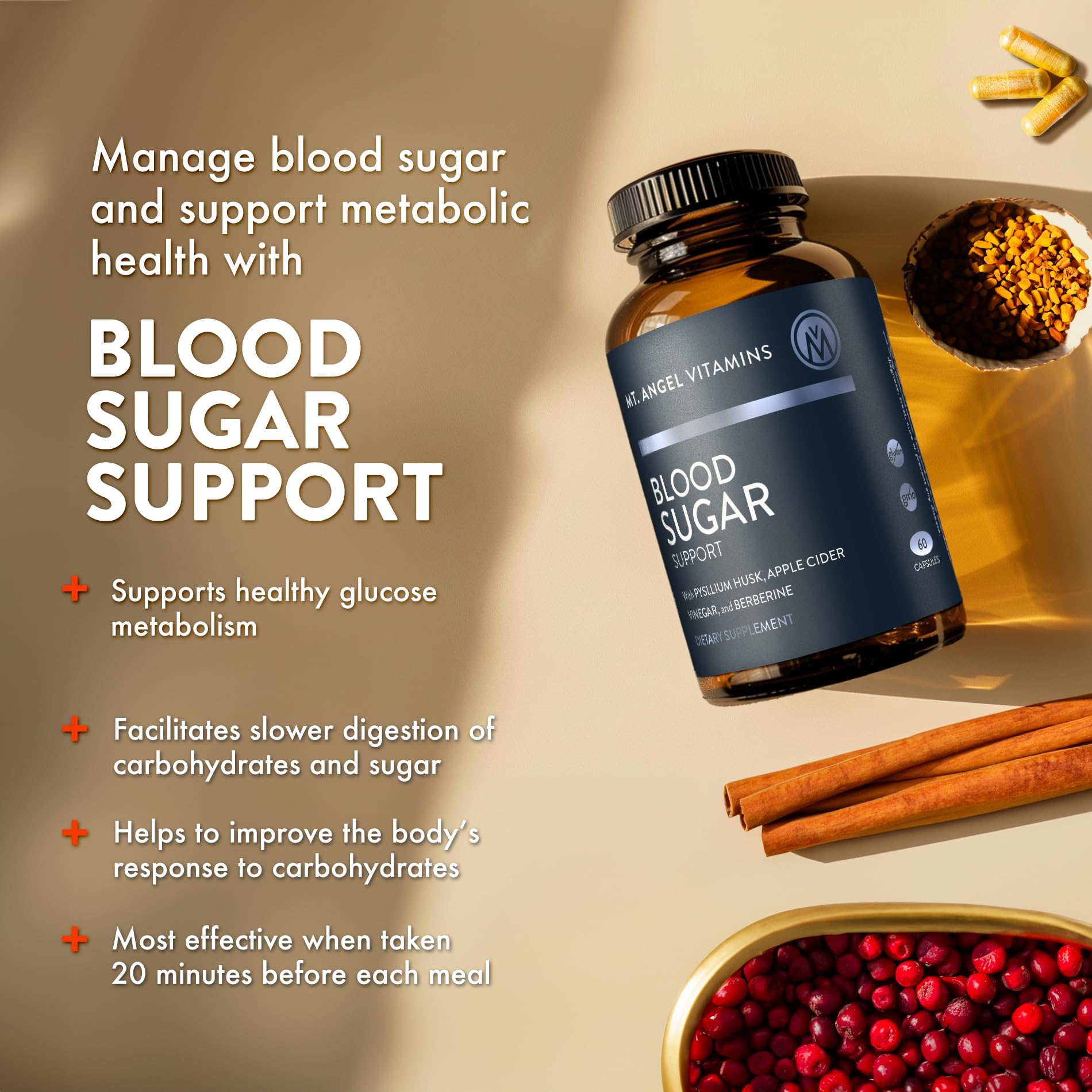 Mt. Angel Vitamins Blood Sugar Support Supplement - Natural Supplement with Pysllium Husk, Berberine with Ceylon Cinnamon, and Apple Cider Vinegar - Supports Healthy Blood Sugar Levels - 60 Capsules Mt. Angel Vitamins buy supplements canada