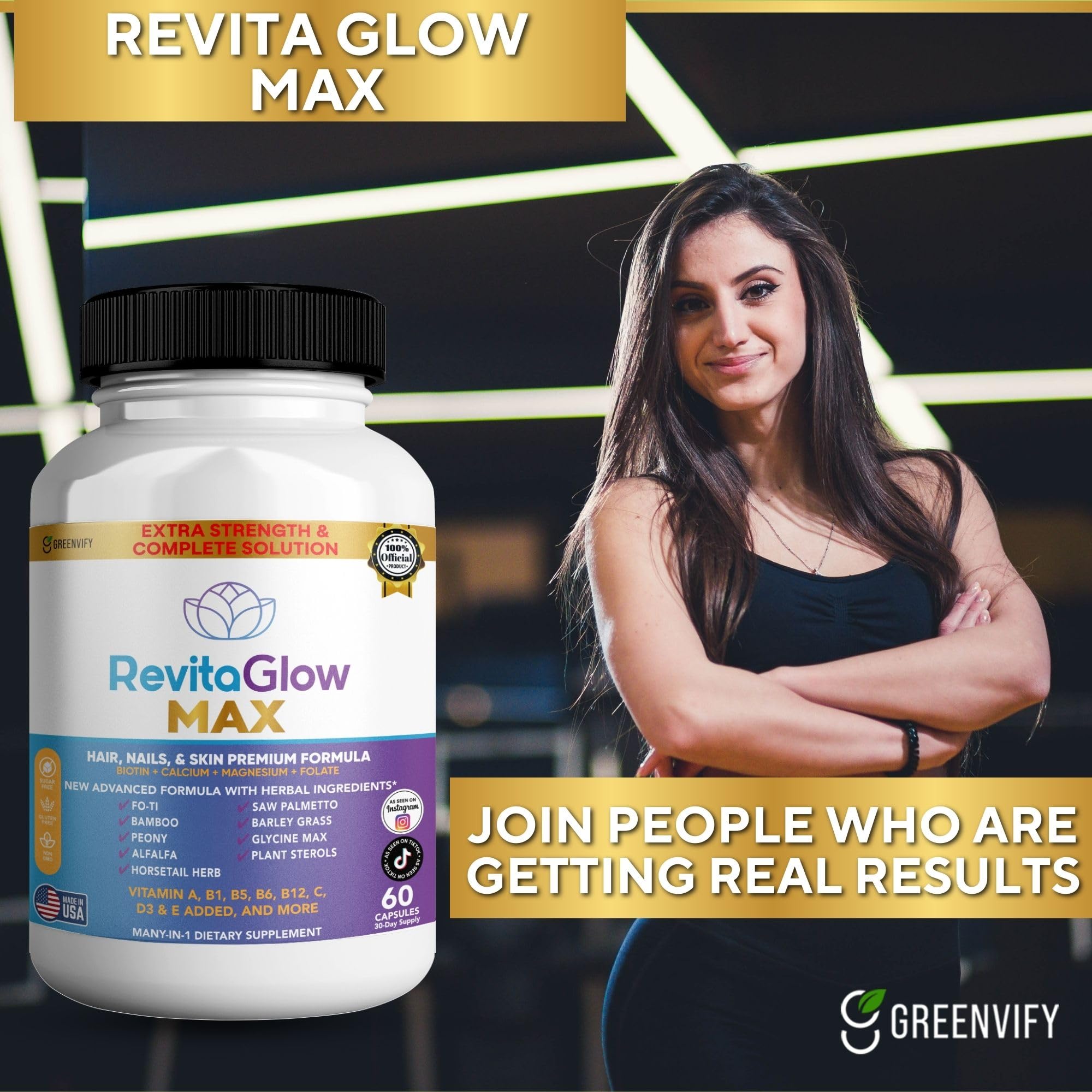 GREENVIFY RevitaGlow Max Hair, Nails & Skin Premium Formula, 60 Capsules, 30-Day Supply, with Biotin, Vitamins A, B1, B5, B6, B12, C, D3, E (1) GREENVIFY buy supplements canada