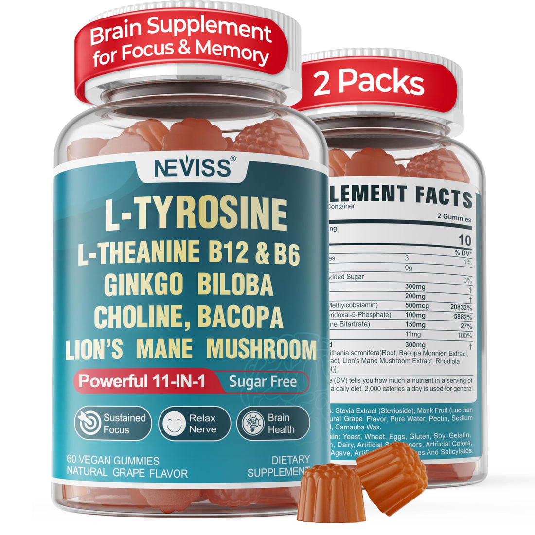 11-IN-1 Brain Supplement for Memory and Focus with L-Tyrosine L-Theanine, Methylated B12 & B6, Lion's Mane Mushroom, Ginkgo Biloba, Bacopa Monnieri, Choline for Focus, Nootropic, Energy, 2Packs NEVISS buy supplements canada