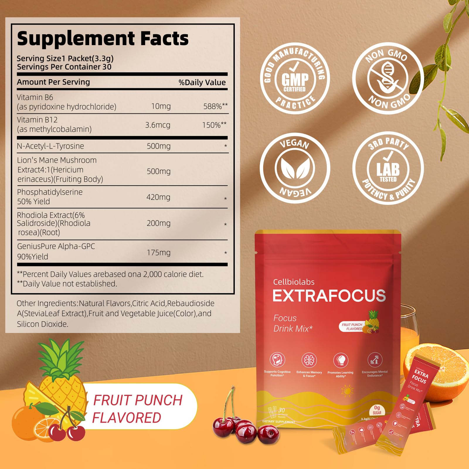 Nootropic Extra Focus Drink Mix, 30 Packs On-The-Go Sticks, Featuring Alpha-GPC, Lion's Mane & Rhodiola, Sugar-Free Packets Fruit Punch Clean Drink Mix Cellbiolabs buy supplements canada