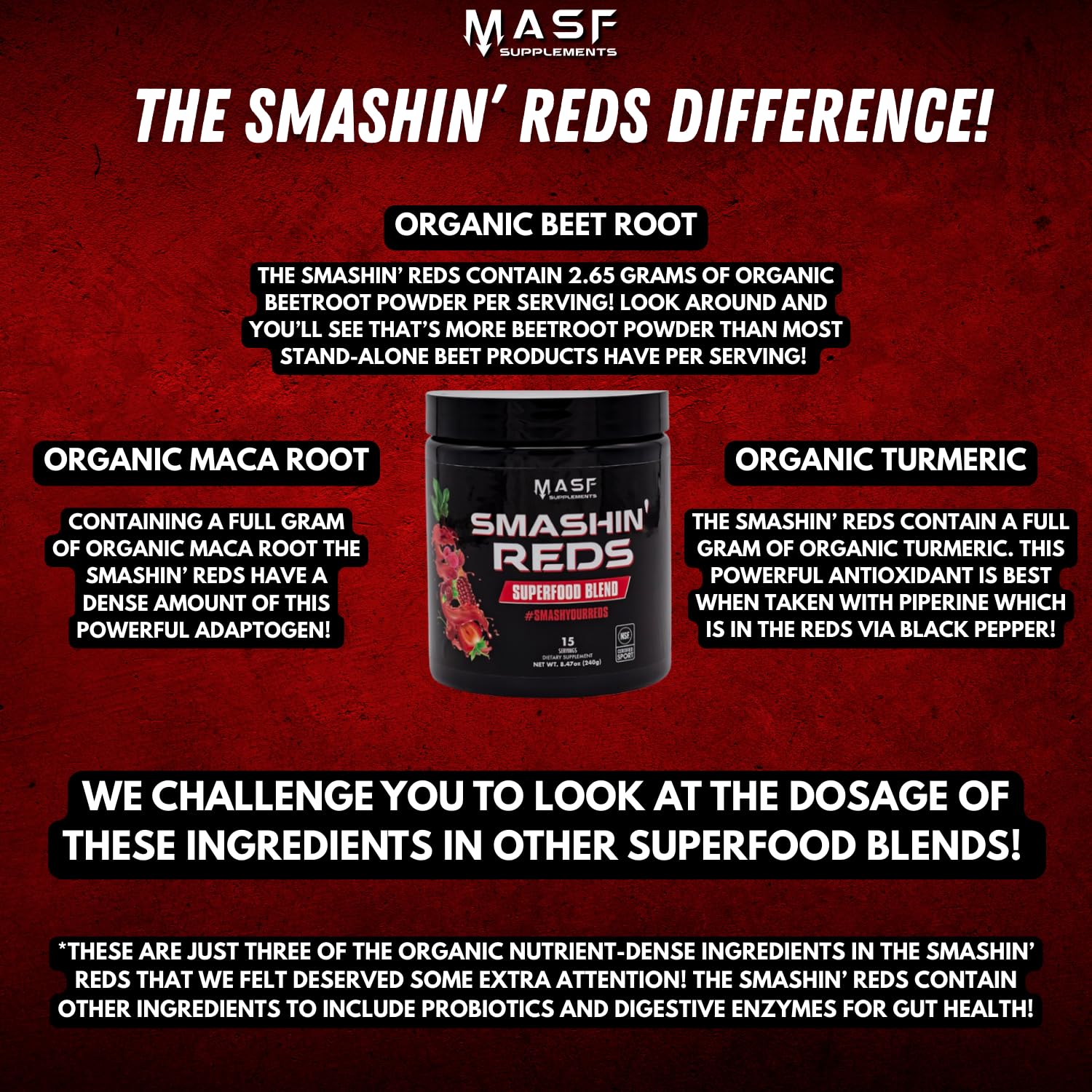 MASF Smashin' Reds Organic Superfood Supplements - 15 Servings - NSF Sport, Super Reds for Digestive Health, Energy, Endurance, Beet Root, Maca, Turmeric, Ginger, Acai, Nitric Oxide Production MASF buy supplements canada