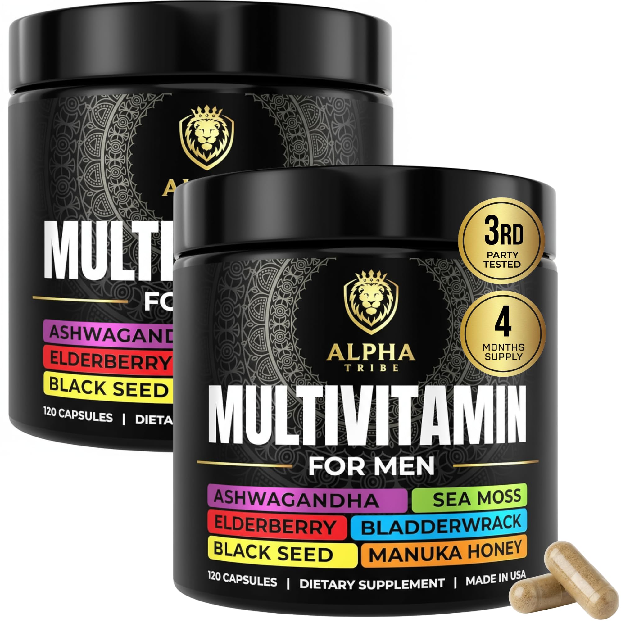 Alpha Tribe Multivitamin for Men with Sea Moss, Black Seed Oil, Ashwagandha, Turmeric, Bladderwrack, Burdock, Vitamin C, Elderberry, Manuka | Daily Vitamins & Minerals Supplement Capsules - 240 Count Alpha Tribe buy supplements canada