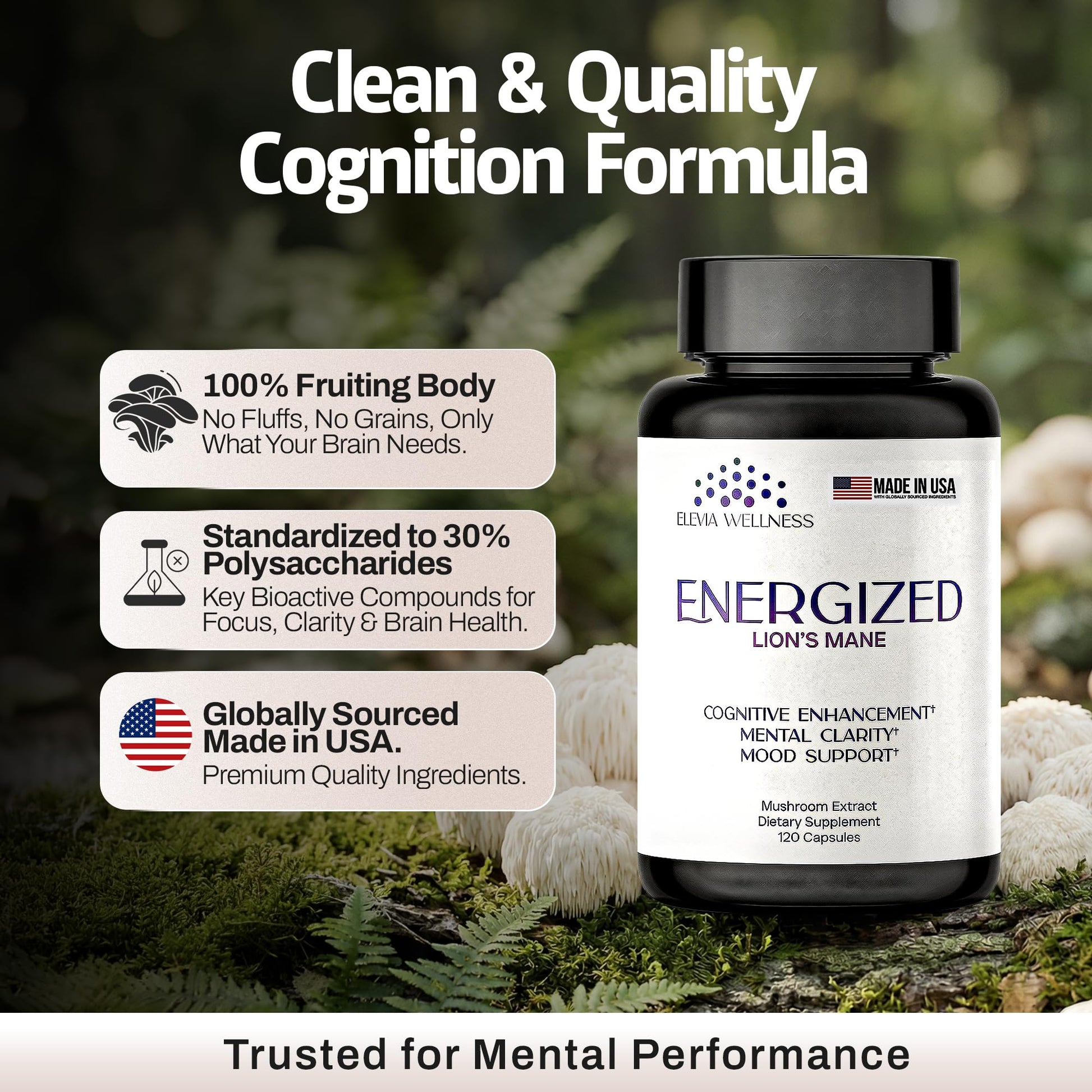 Energized Lions Mane Supplement Capsules (120ct),Brain Supplements for Memory and Focus, Nootropic for Brain Fog Relief Made in USA,30% Polysaccharides,Natural Brain Health Support Elevia Wellness buy supplements canada