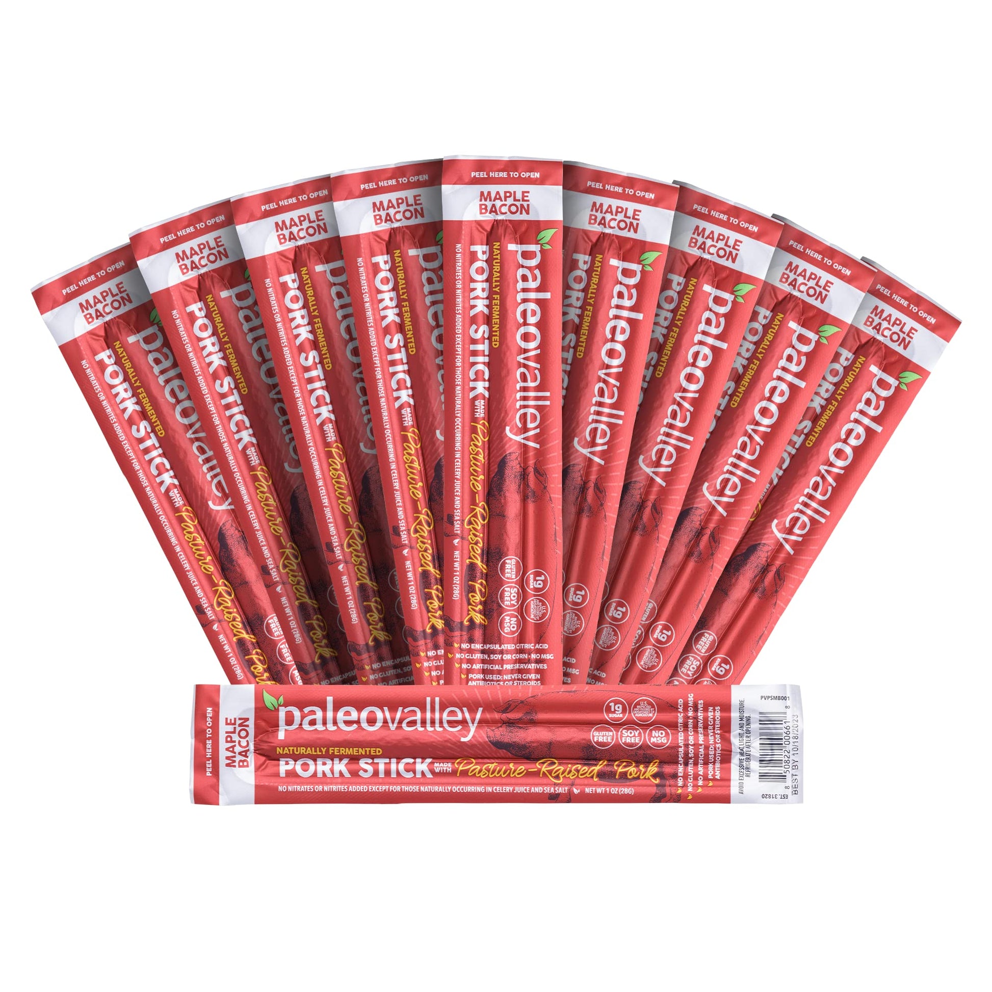 Paleovalley Pasture-Raised Pork Sticks - Maple Bacon Flavor Meat Sticks Individually Wrapped, 28g - 10 Sticks - Gluten-Free Protein Snack Paleovalley buy supplements canada