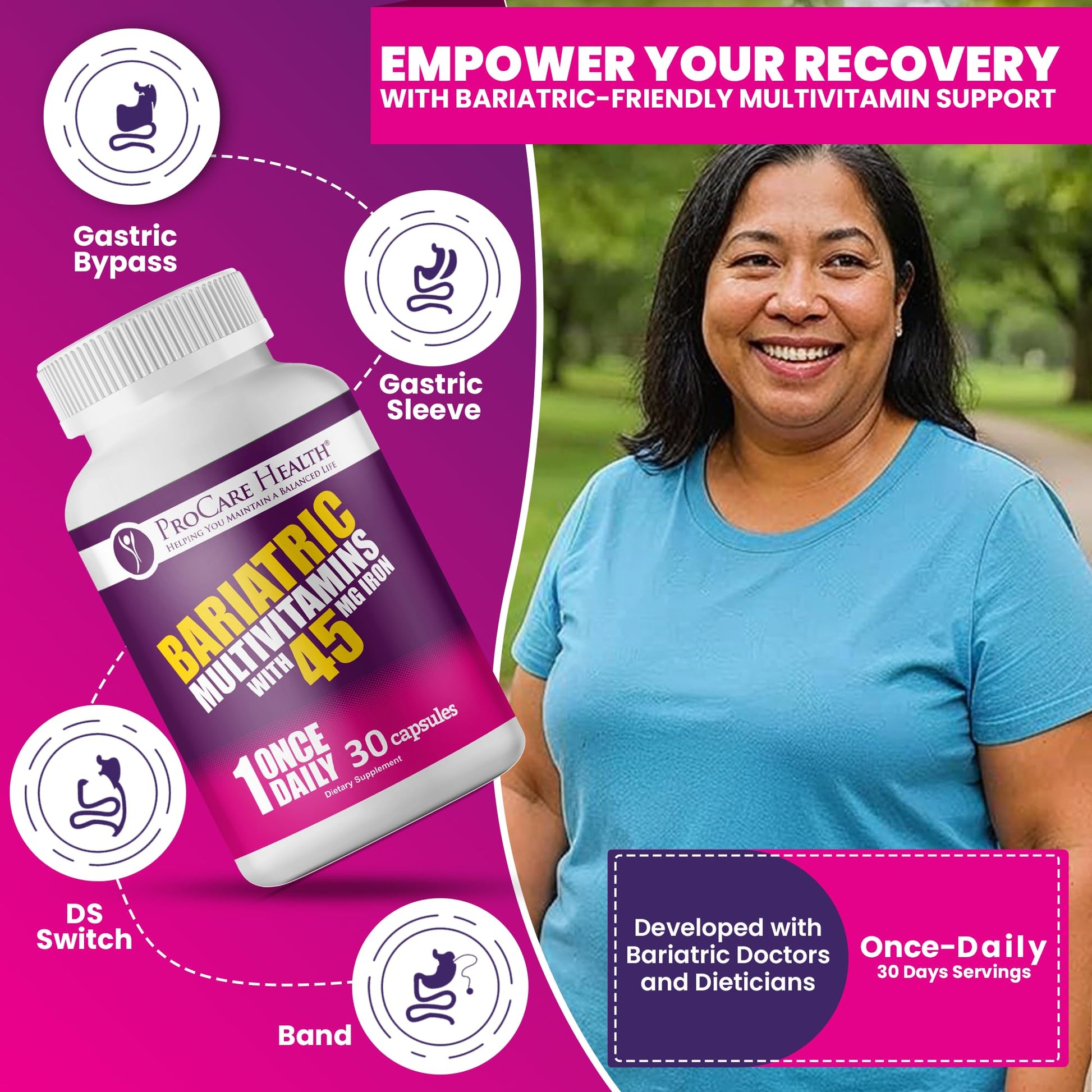 ProCare Health Bariatric Multivitamin with 45mg Iron (30 Easy to Swallow Capsules) - Once Daily Post-Op Support for Gastric Bypass ProCare Health buy supplements canada