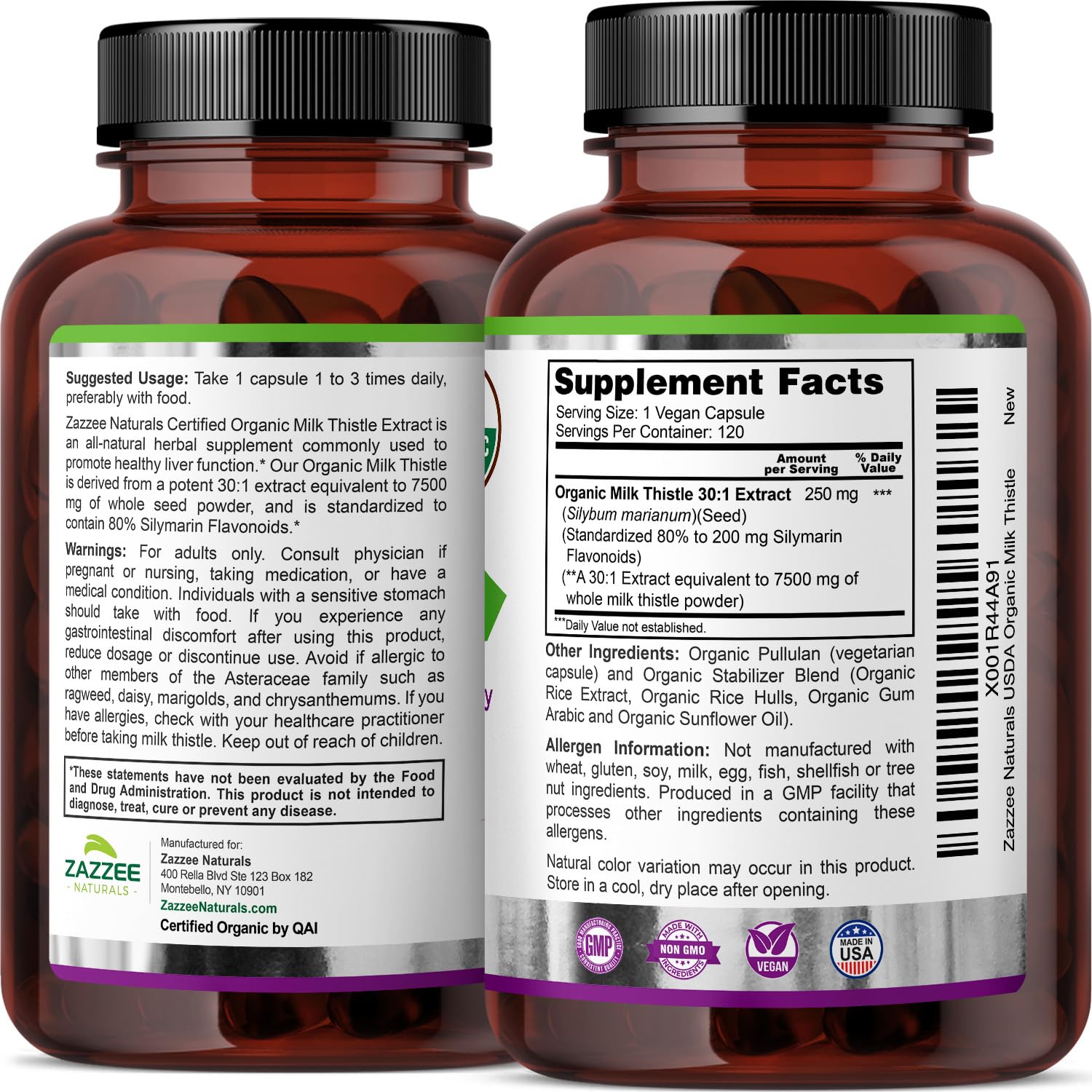 Zazzee USDA Organic Milk Thistle 30:1 Extract, 80% Silymarin, 120 Vegan Capsules, 4 Month Supply, Certified Kosher, High Potency Liver & Antioxidant Support Zazzee buy supplements canada