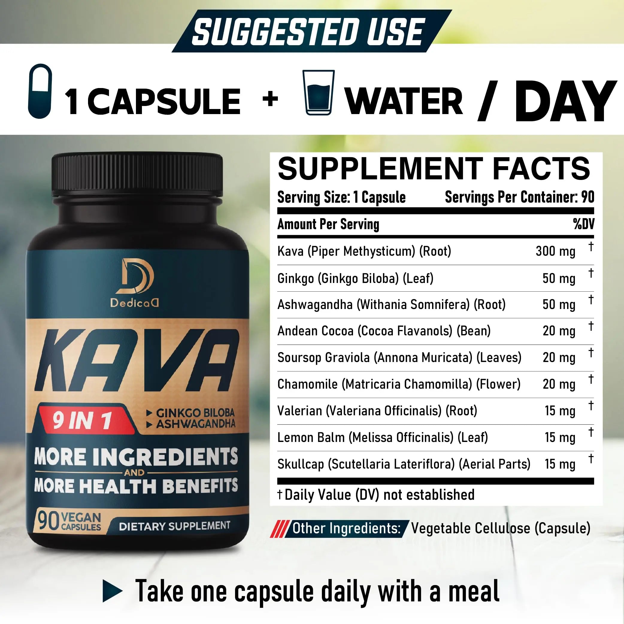 DEDICAD Kava Kava Capsules - 3 Month Supply - 9 Herbs with Ginkgo Biloba, Ashwagandha Root, Andean Cocoa, Graviola Leaf, Chamomile, Valerian, Lemon Balm & Skullcap - Support Mood & Immune - 90 Pills DEDICAD buy supplements canada