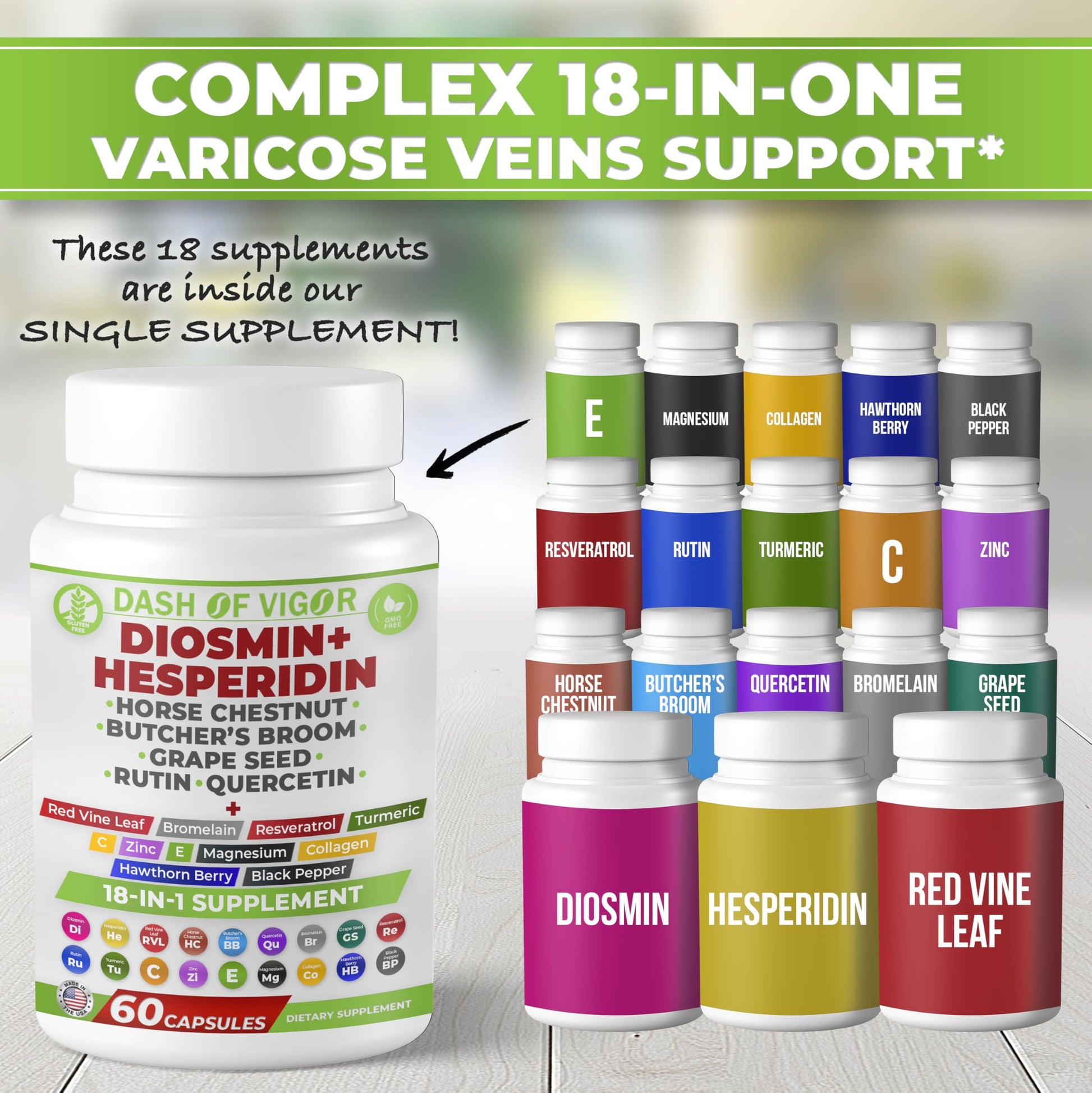 Dash of Vigor 18-in-1 Diosmin Hesperidin Supplement, Quercetin with Bromelain, Zinc, Vitamin C with Rutin Supplement, Horse Chestnut Extract, Butcher's Broom Extract, USA, 60 Capsules DASH OF VIGOR DOFV buy supplements canada