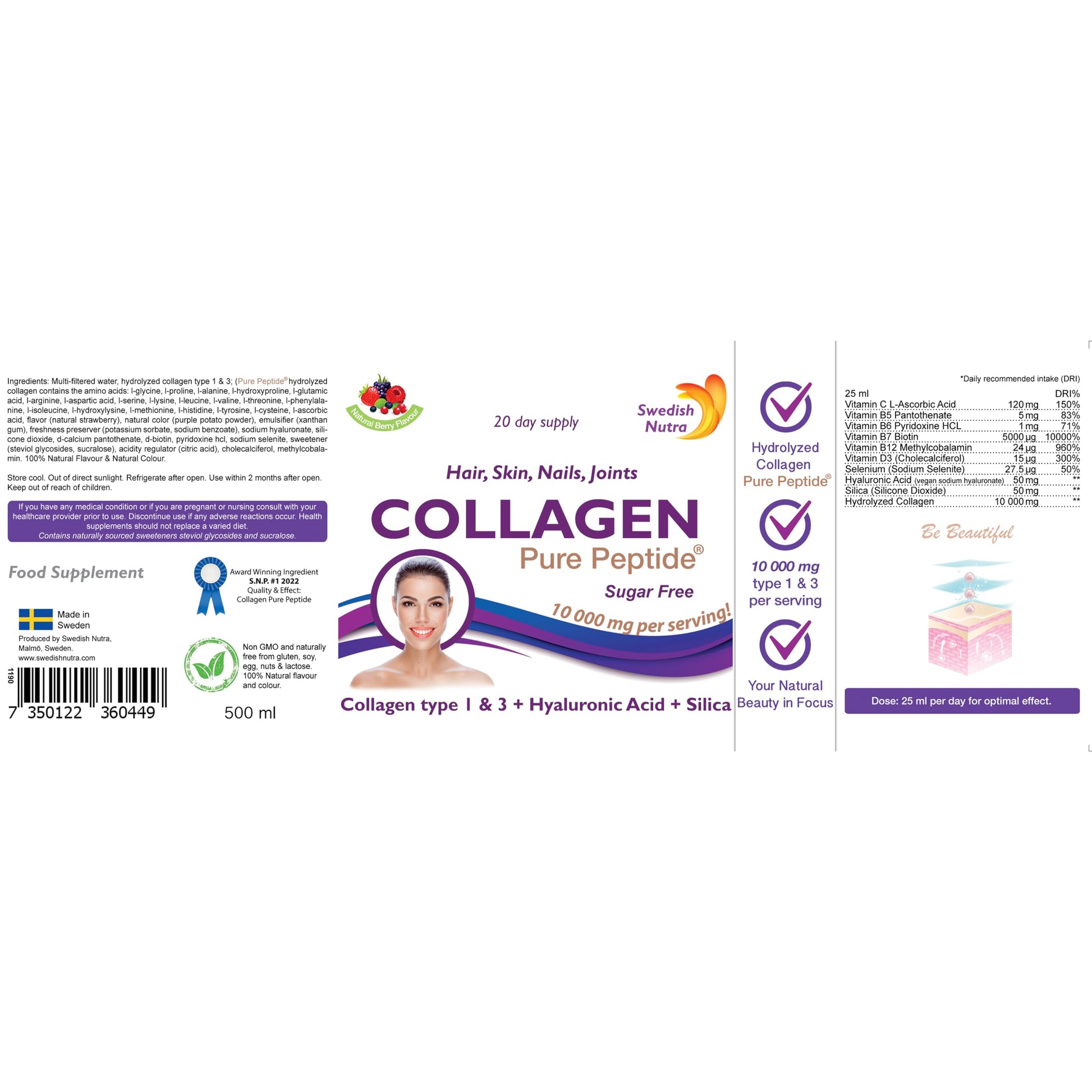 Swedish Nutra Liquid Bovine Collagen - Pack of 500ml, 20 Day Supply | Sugar Free Berry Flavour Swedish Nutra buy supplements canada