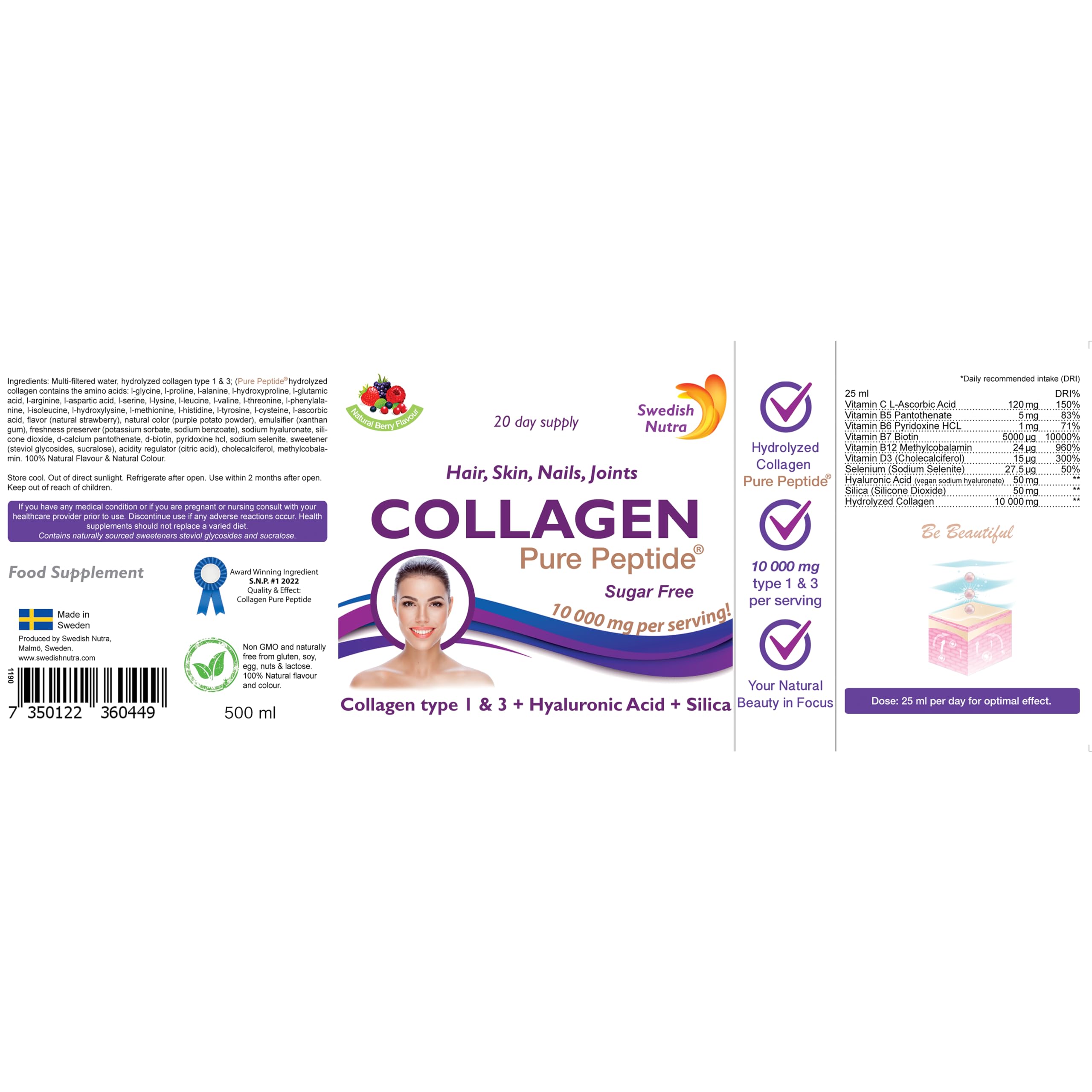 Swedish Nutra Liquid Bovine Collagen - Pack of 500ml, 20 Day Supply | Sugar Free Berry Flavour Swedish Nutra buy supplements canada