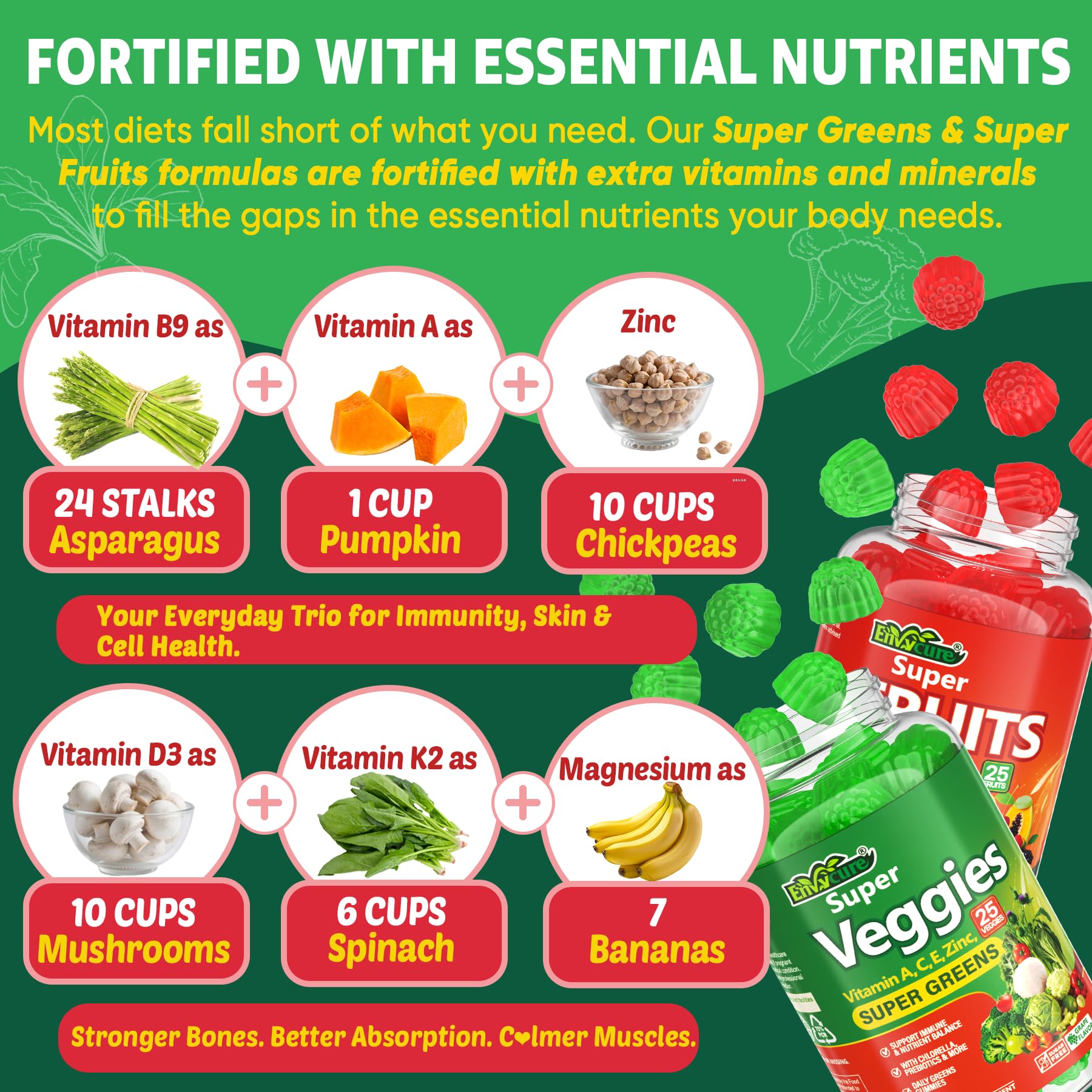 Super Greens Gummies, Daily Green Superfood Supplement w/Spirulina, Chlorella, Mushrooms, Probiotics, Multivitamins, 50+ Super Greens & Veggies Gummies to Boost Immunity, Energy & Gut Health, 120cts EnvyCure buy supplements canada