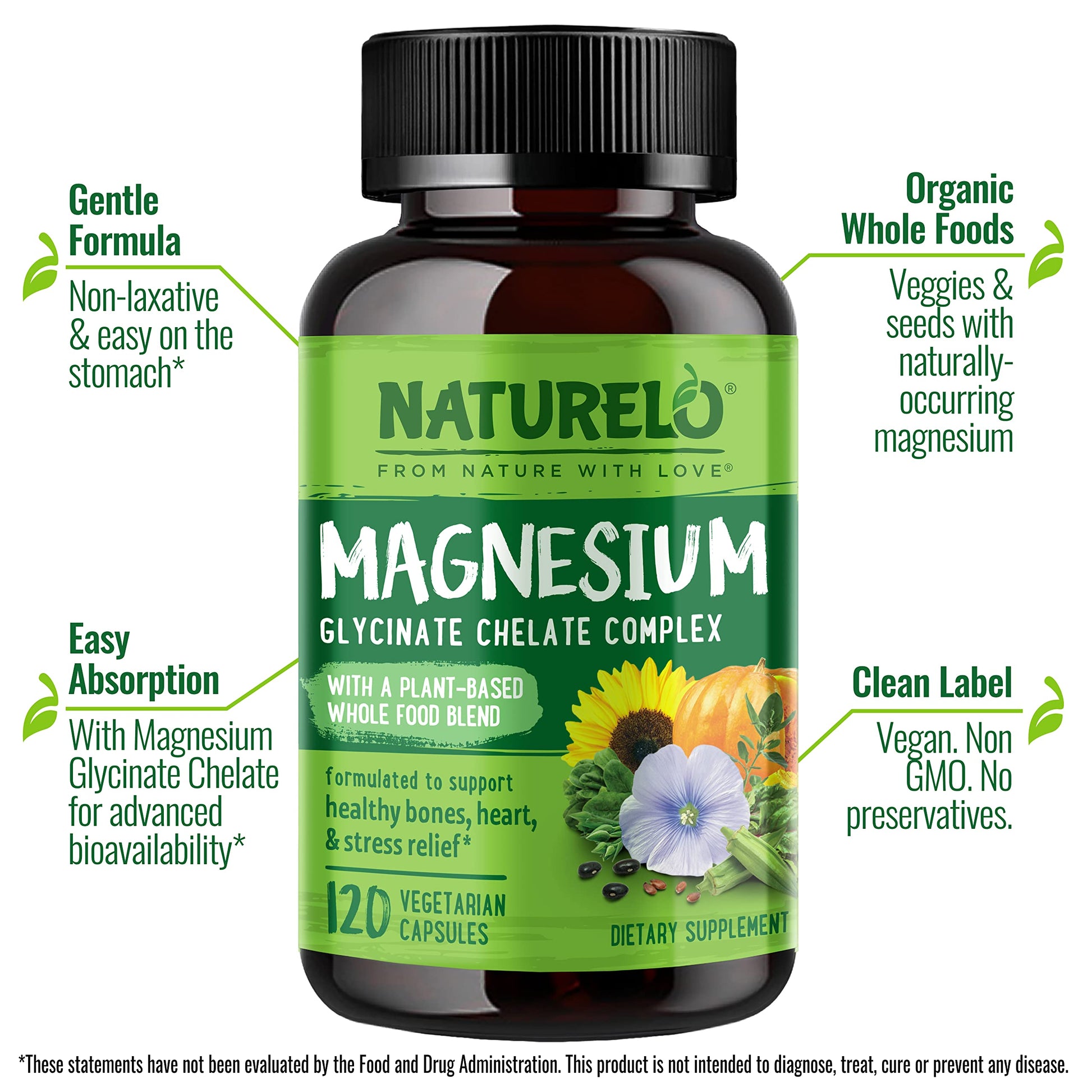 NATURELO Magnesium Glycinate Chelate Complex - 200 mg Magnesium with Organic Vegetables to Support Sleep, Calm, Muscle Cramp & Stress Relief - Gluten Free, Non GMO - 120 Capsules NATURELO buy supplements canada