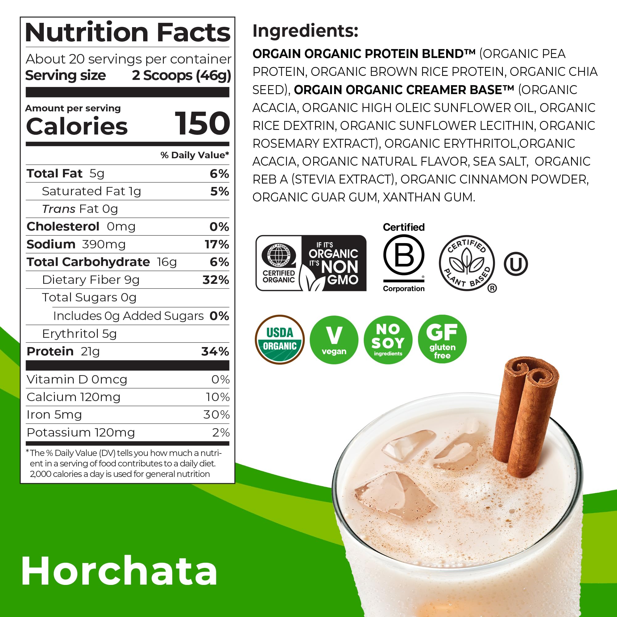 Orgain Organic Vegan Protein Powder, Horchata - 21g of Plant Based Protein, Low Net Orgain buy supplements canada