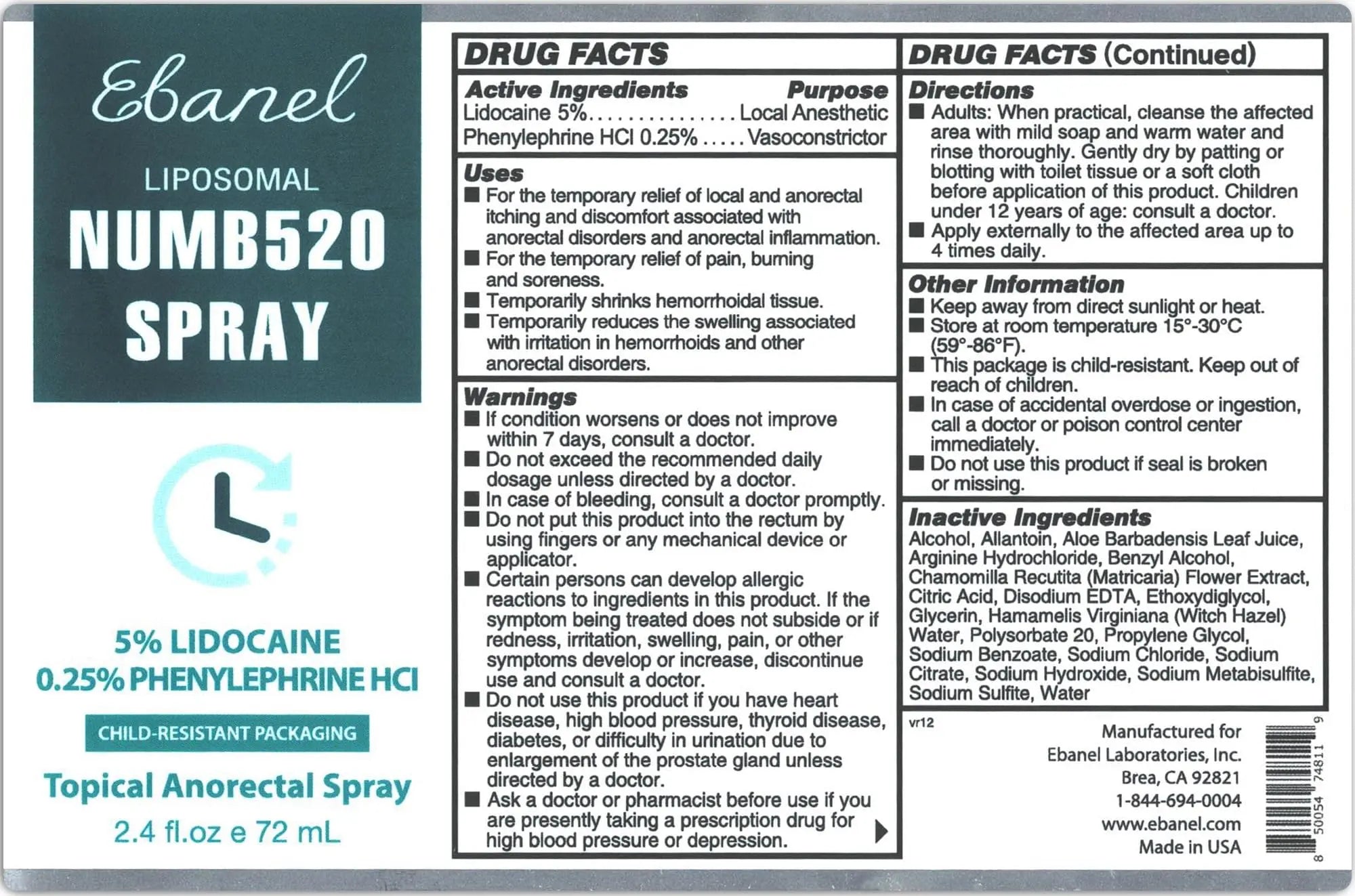 Ebanel 5% Lidocaine Spray Pain Relief Numb520 Burn Itch Relief Numbing Spray for Skin, Topical Anesthetic Postpartum Hemorrhoid Treatment with Phenylephrine for Local and Anorectal Uses EBANEL LABORATORIES buy supplements canada