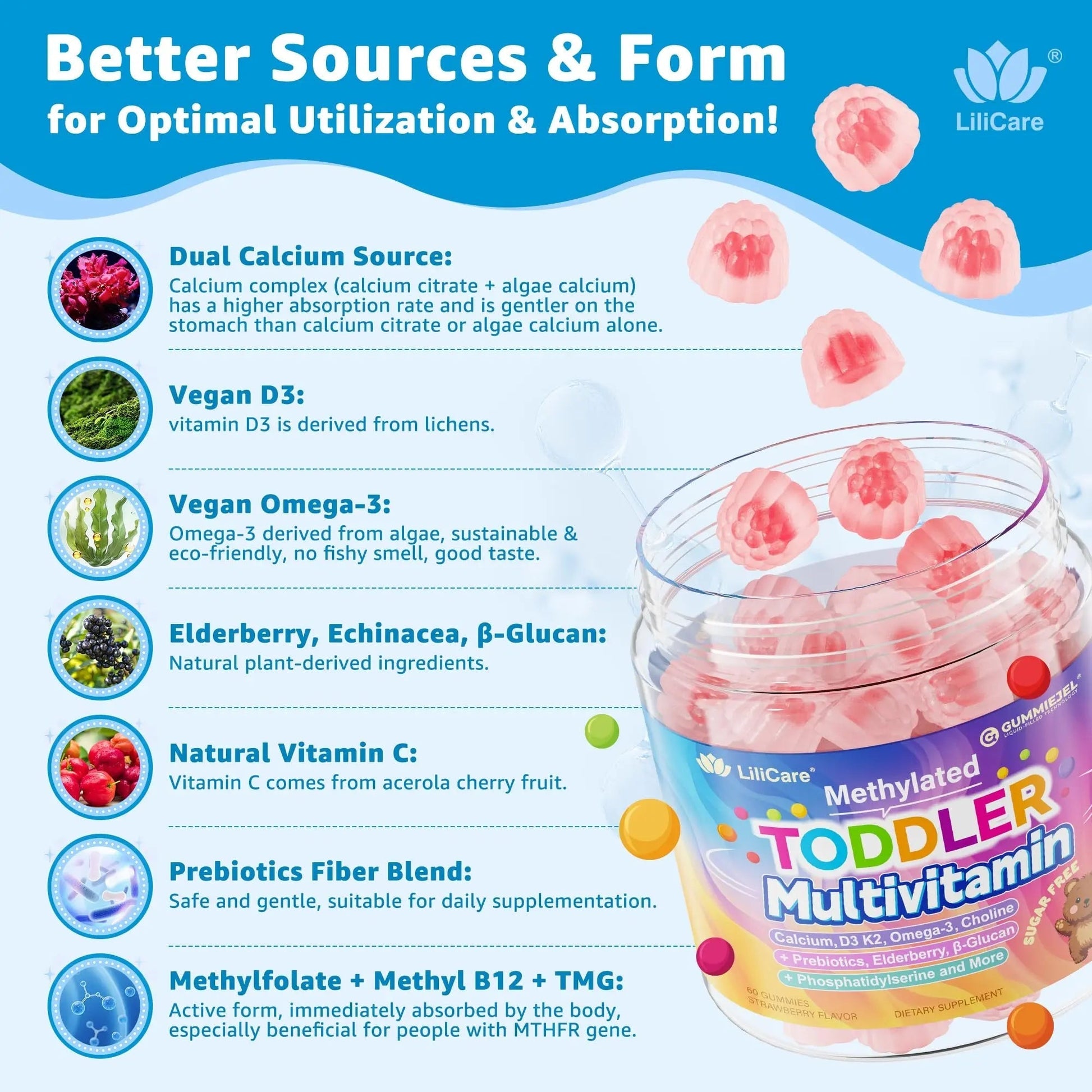 Toddler Multivitamin Gummies with Iron, Omega-3, ARA, Calcium, Prebiotic | Methylated Vitamins for Kids Ages 2+ | Overall Support | LILICARE buy supplements canada