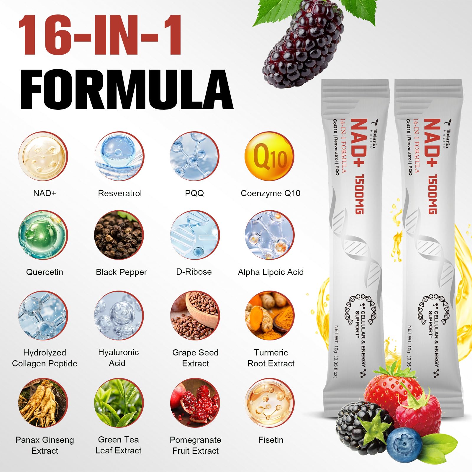 Totaria NAD Liquid Supplement 1500mg for Men & Women, Extra Strength NAD+, Resveratrol, PQQ, CoQ10, 16-in-1 Formula with Nicotinamide Riboside for Anti Aging, Energy, Immune, Focus (30 Packets) Totaria buy supplements canada