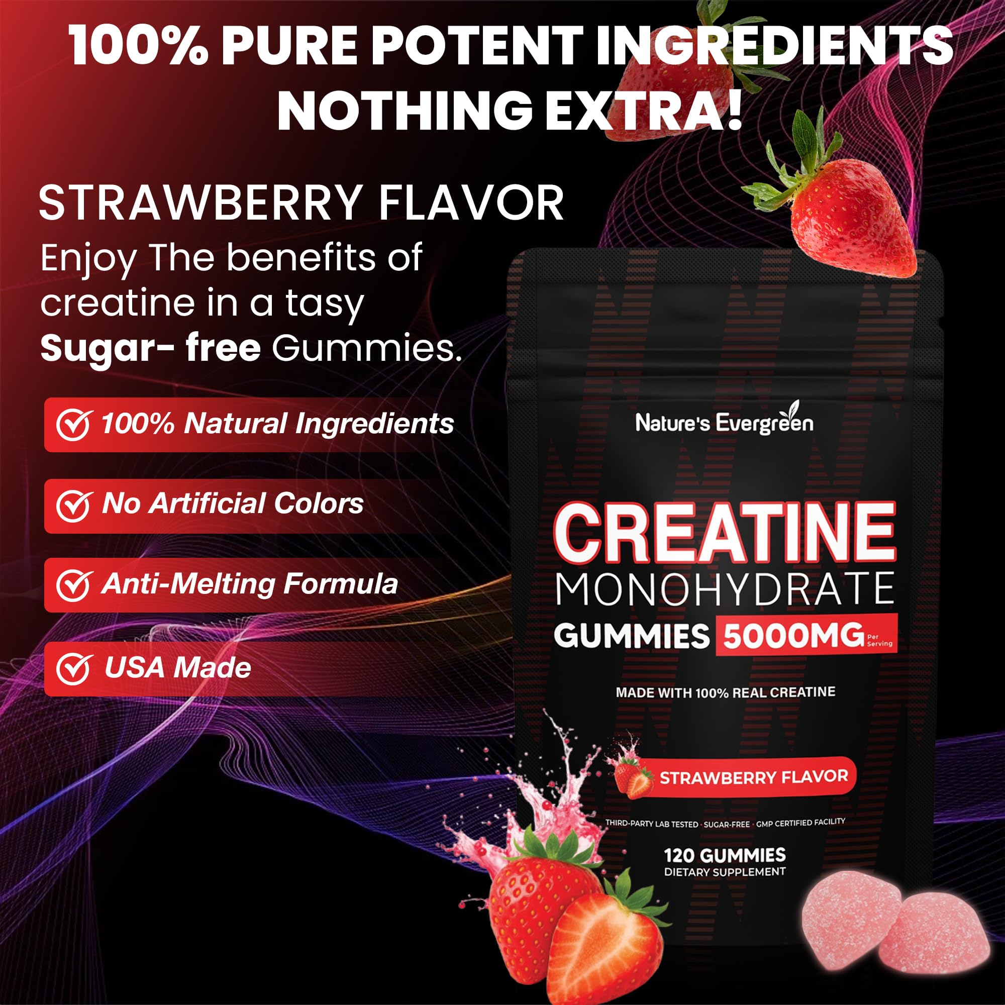 Creatine Monohydrate 5000mg Gummies, Pre-Workout 5g Creatine Gummy Supplement for Men & Women: Muscle Builder & Energy Boost, Sugar Free, Vegan, Strawberry Flavor, (120 Count) Made in USA Nature's Evergreen buy supplements canada