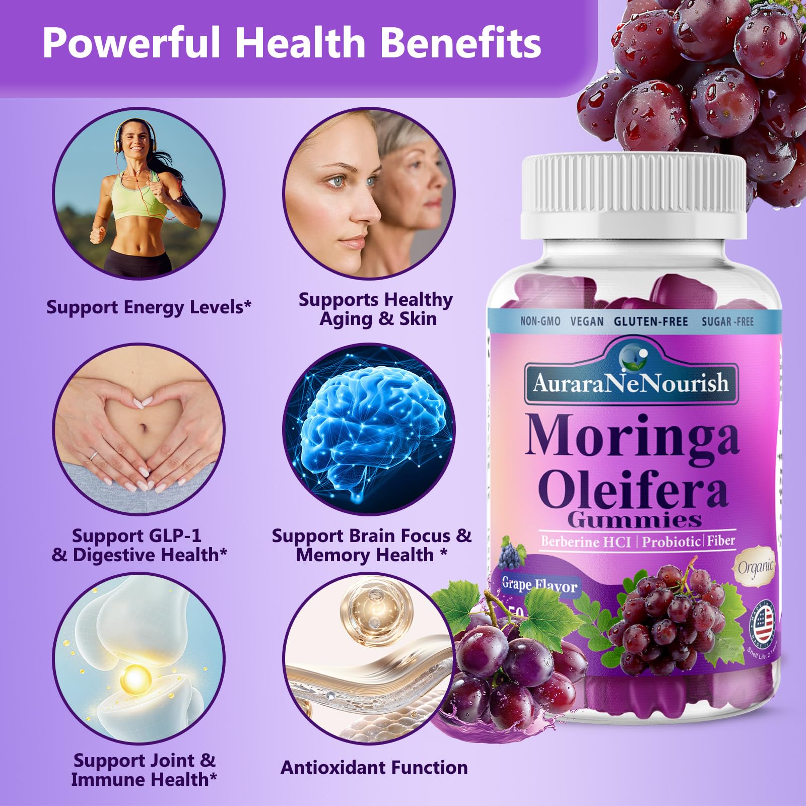 AuraraNeNourish Organic Moringa Oleifera Gummies for Women & Men, 8-in-1 Superfood Blend w. Berberine HCl & Moringa Leaf Extract for GLP-1 Support & Energy Immune Joint & Gut Health Sugar-Free AuraraNeNourish buy supplements canada