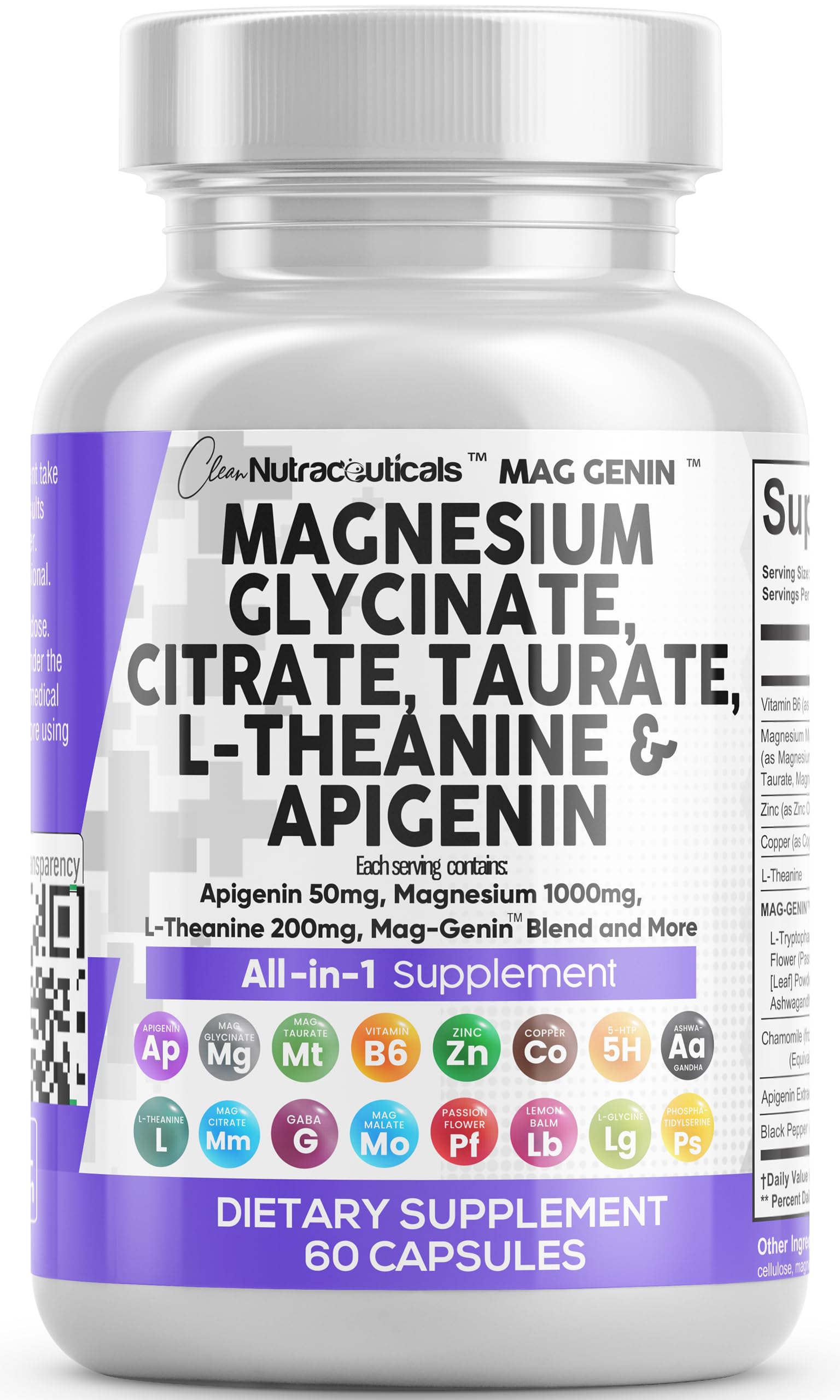 Clean Nutraceuticals Magnesium Glycinate Complex 1000mg with L-Theanine 200mg Apigenin 50mg Citrate Taurate Supplement - 5-HTP GABA Passion Flower Lemon Balm L-Glycine Phosphatidylserine - 60 Count Clean Nutraceuticals buy supplements canada
