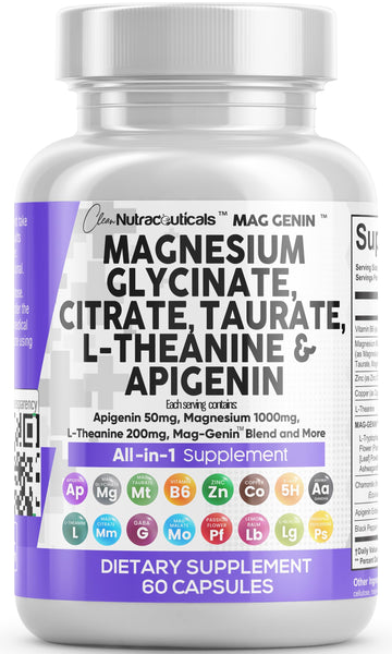 Clean Nutraceuticals Magnesium Glycinate Complex 1000mg with L-Theanine 200mg Apigenin 50mg Citrate Taurate Supplement - 5-HTP GABA Passion Flower Lemon Balm L-Glycine Phosphatidylserine - 60 Count Clean Nutraceuticals buy supplements canada