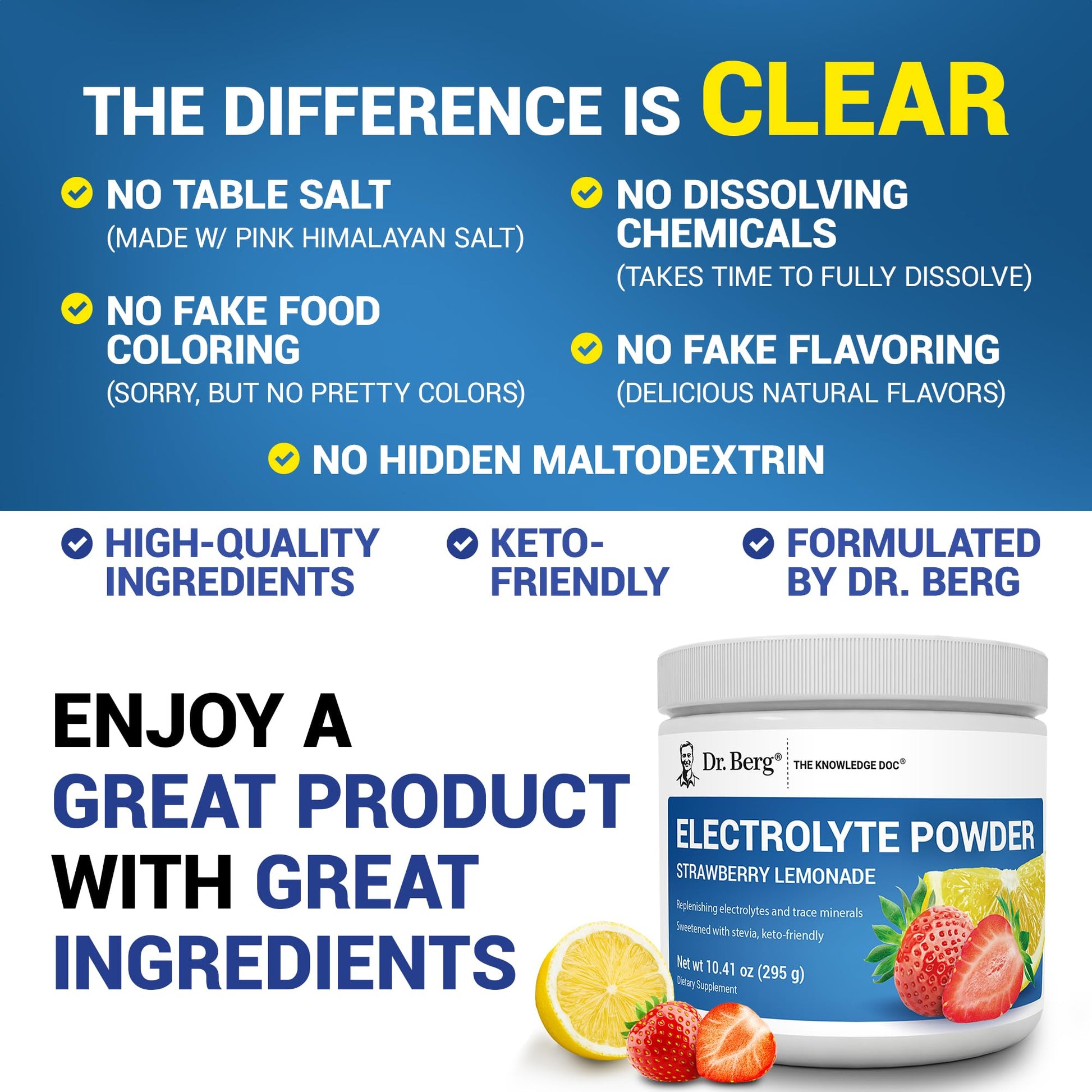 Dr. Berg Zero Sugar Hydration Keto Electrolyte Powder - Enhanced w/ 1000 mg of Potassium & Real Pink Himalayan Salt (NOT Table Salt) - Strawberry Lemonade Hydration Drink Supplement - 50 Servings Dr. Berg Nutritionals buy supplements canada