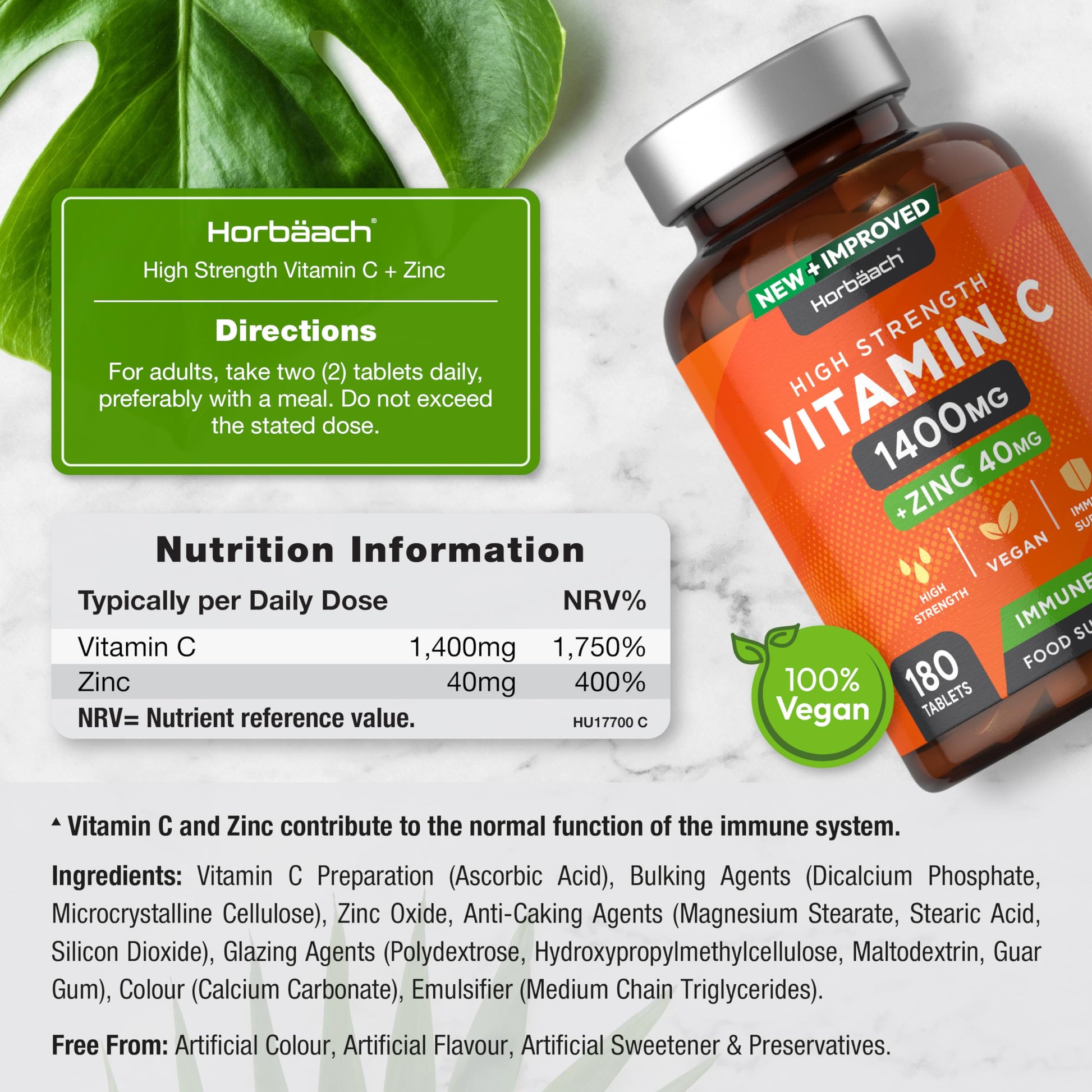 Vitamin C and Zinc | 180 Vegan Tablets | High Strength Vitamin C 1400mg and Zinc 40mg Horbäach buy supplements canada