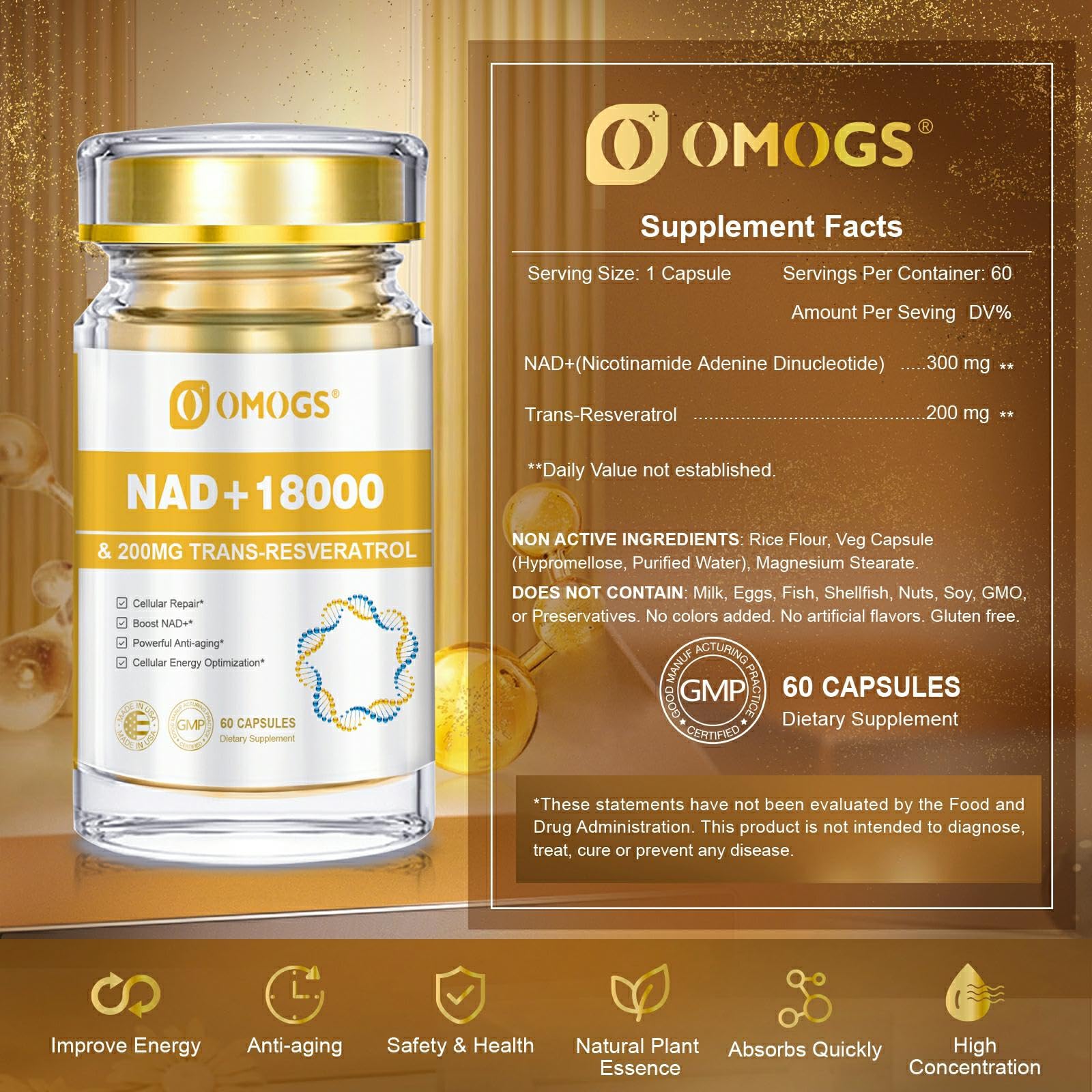 OMOGS NAD+ 300 mg + Trans-Resveratrol 200 mg, Pure NAD Supplement, Max Absorption, Boosting Supplement for DNA Repair, Healthy Aging, Cellular Energy & Longevity, 60 Capsules OMOGS buy supplements canada