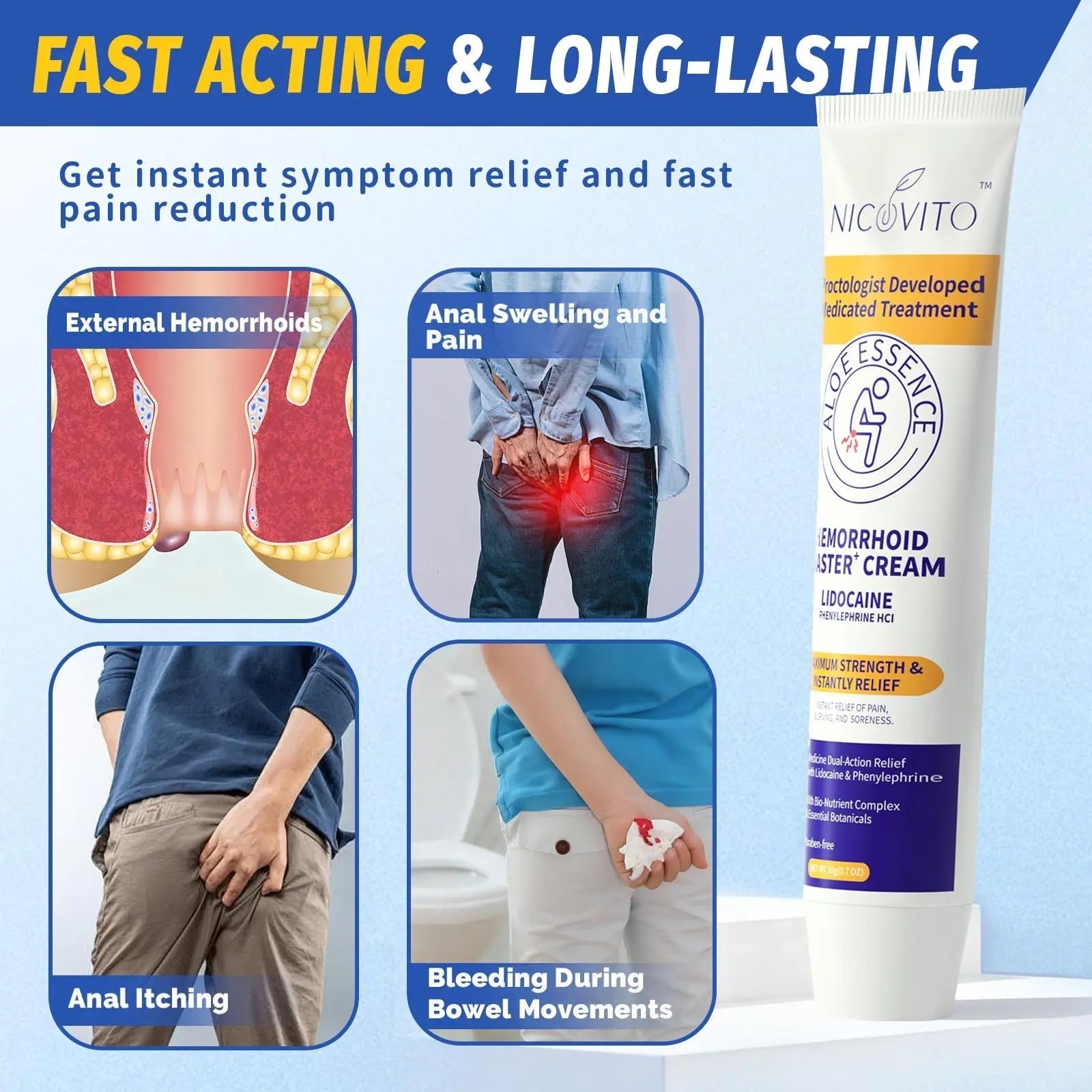 NICOVITO Hemorrhoid & Fissure Treatment Cream, 4% Lidocaine & Phenylephrine HCl Ointment, Maximum Strength Fast Relief for Pain, Itching & Swelling, External Use (0.7 oz) NICOVITO buy supplements canada