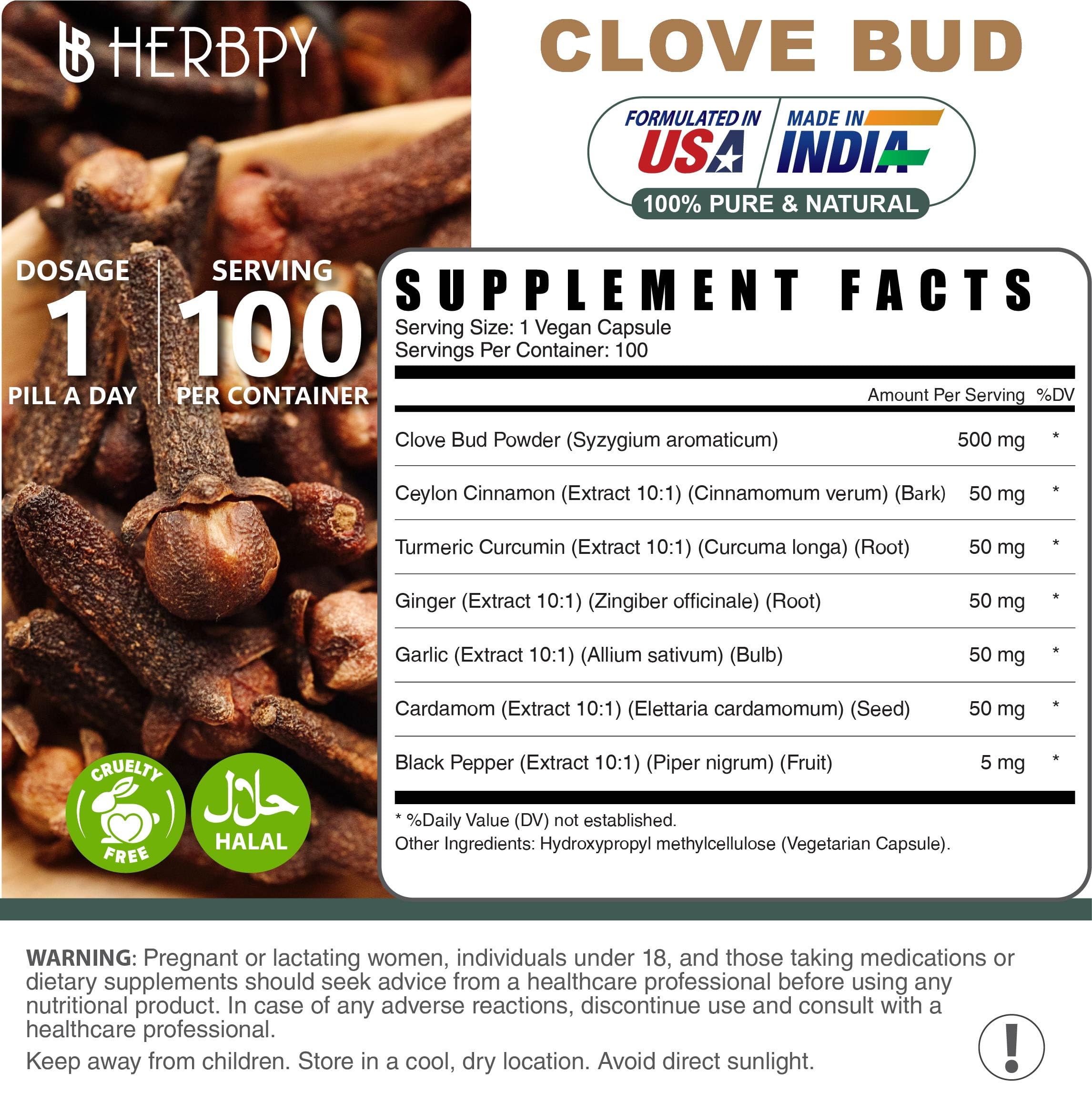 Herbpy 7in1 Clove Supplement Rich in Vitamins & Minerals Supports Digestion, Immune & Heart Health with Cinnamon, Turmeric, Ginger, Cardamom, Garlic & Black Pepper - 100 Vegan Capsules Herbpy buy supplements canada