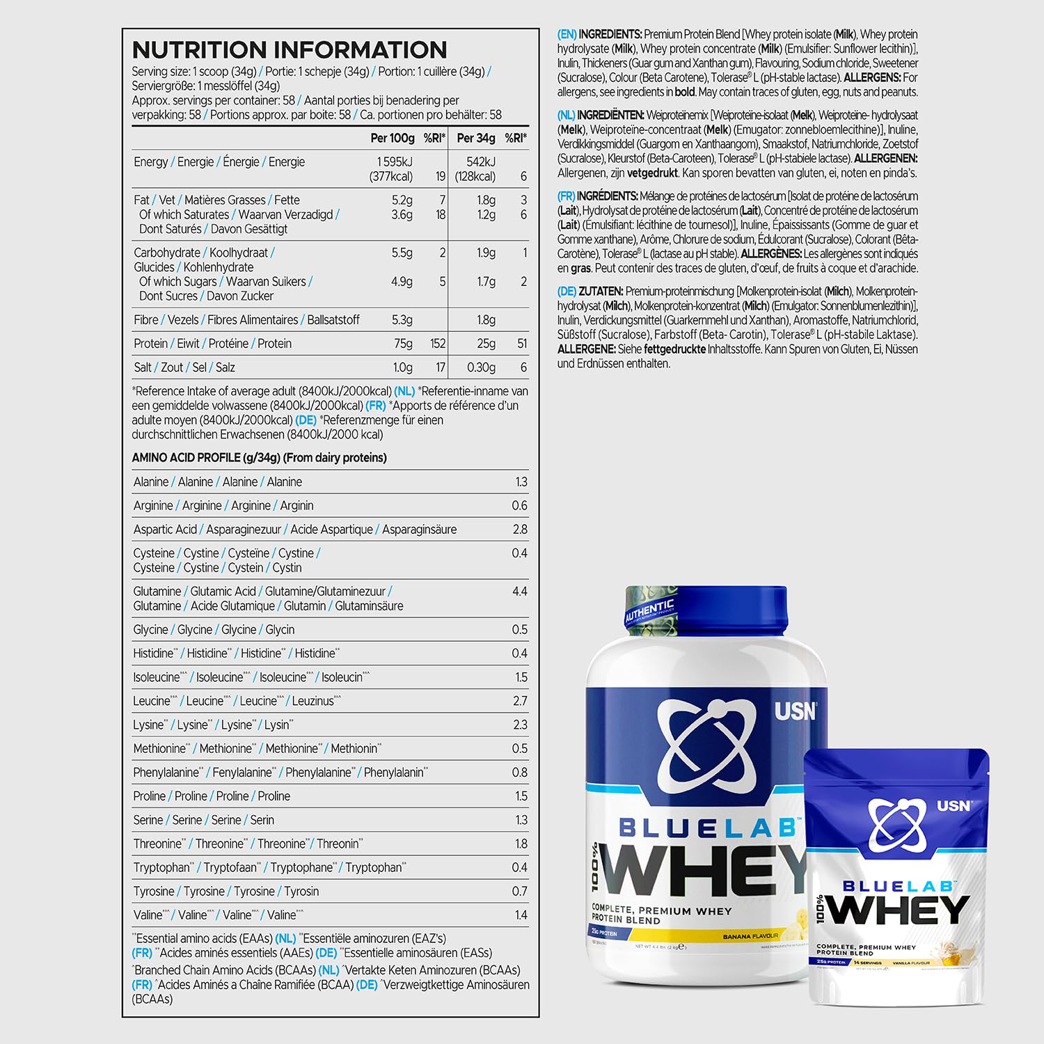 USN Blue Lab Whey Protein Powder: Banana - Whey Protein 908g - Post-Workout USN buy supplements canada