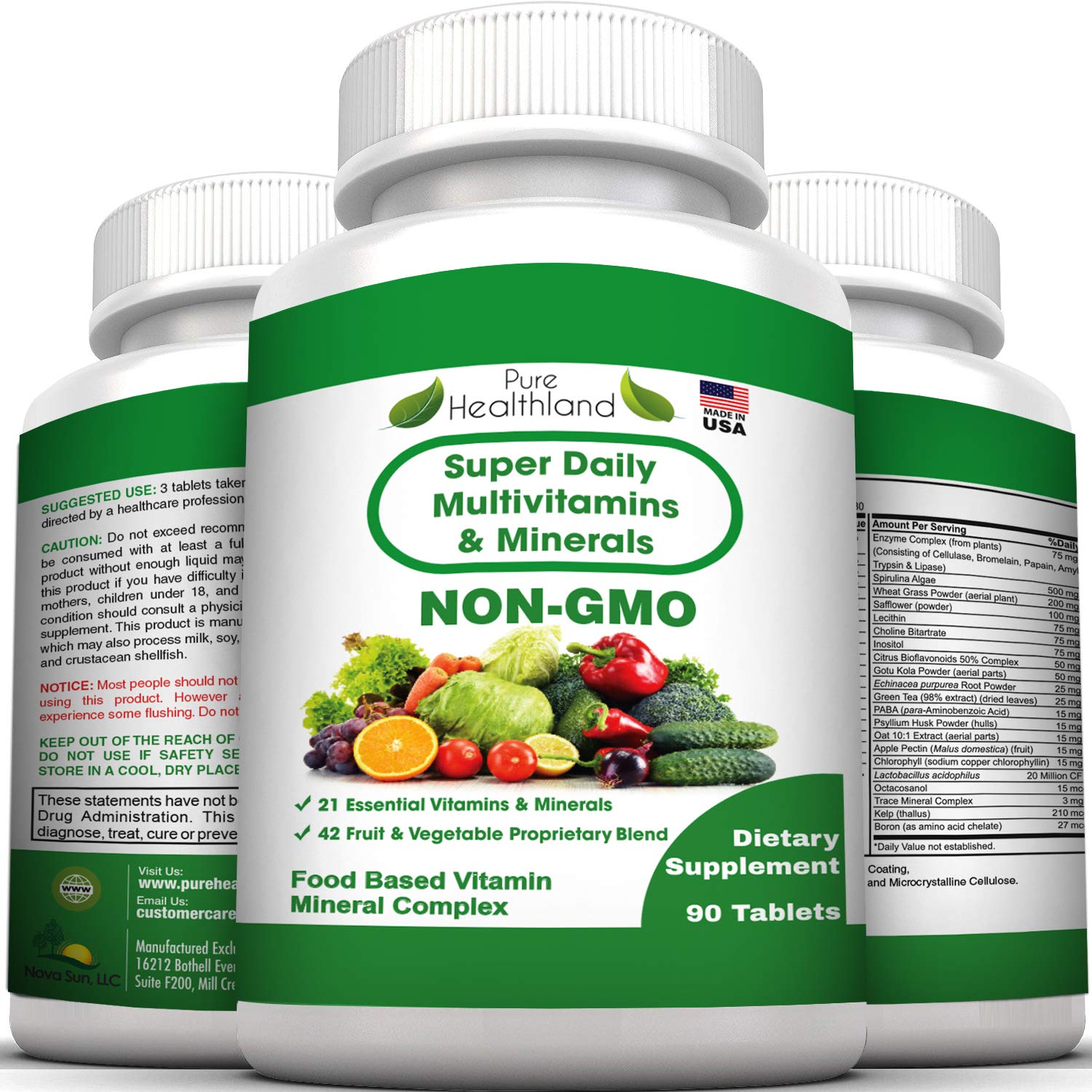 Pure Heathland Non-GMO Super Daily Multivitamin for Adults – 42 Natural Fruits & Vegetables Blend with 21 Essential Vitamins & Minerals – Vegan Coating Tablets, 90 Count, Made in USA Pure Healthland buy supplements canada