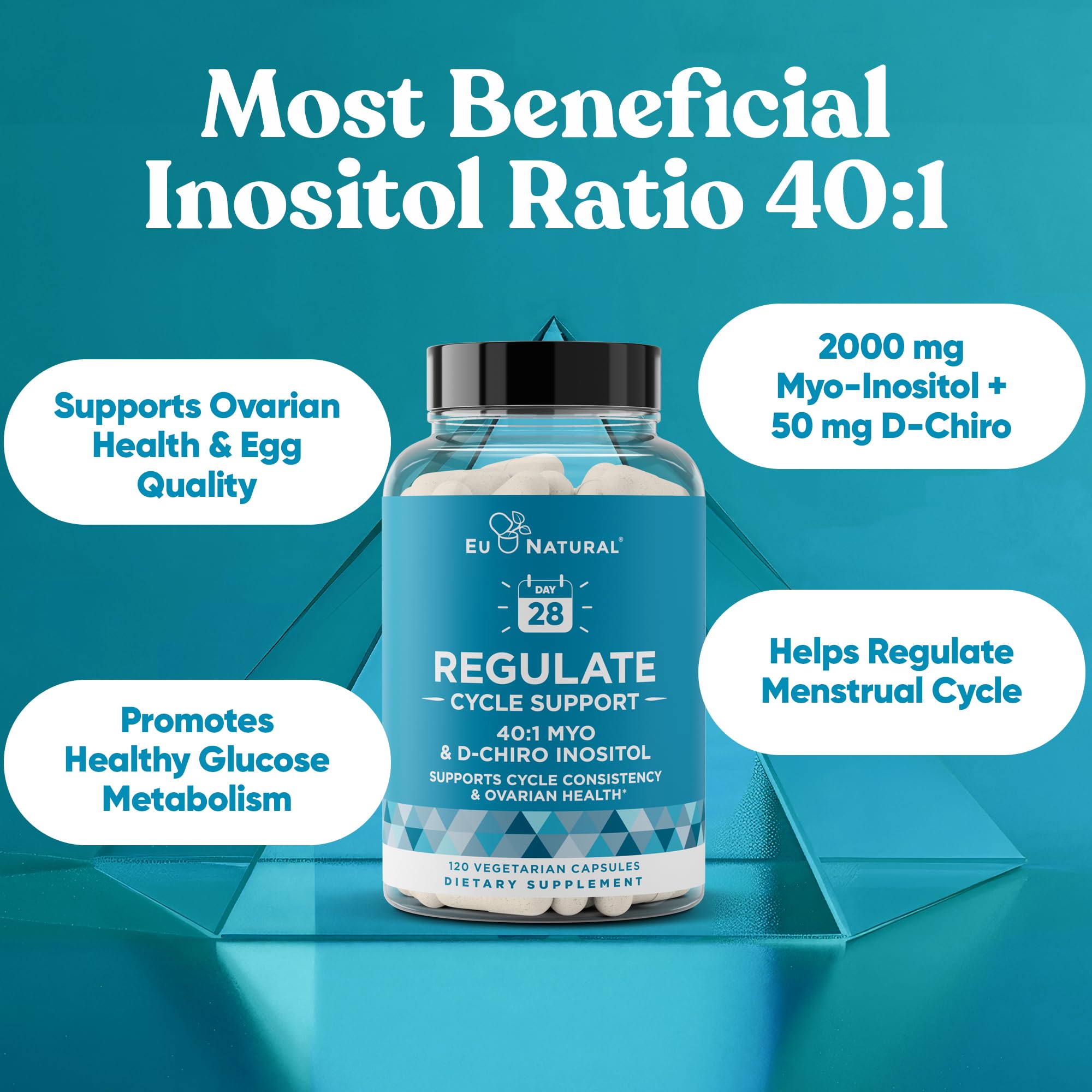 Regulate Cycle Support – Hormone Balance for Women at Optimal 40:1 Myo-Inositol 2000 mg & D-Chiro Inositol 50 mg – Supplement for Period Consistency, Menstrual & Ovulation Support – 120 Vegan Capsules Eu Natural buy supplements canada