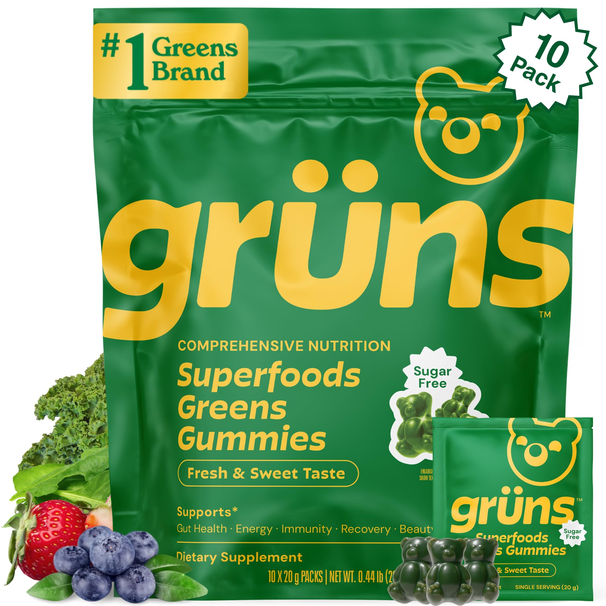 Gruns Sugar-Free Super Greens Gummies, Multivitamin Superfood Gummy Bears, Spirulina, Chlorella, Prebiotics & Fiber gummies for Digestive Health, Adaptogens Supplement, 20 Vitamins & Minerals, 10 pack Grüns buy supplements canada