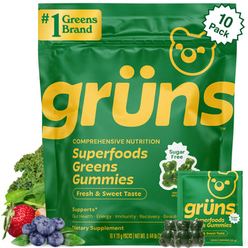 Gruns Sugar-Free Super Greens Gummies, Multivitamin Superfood Gummy Bears, Spirulina, Chlorella, Prebiotics & Fiber gummies for Digestive Health, Adaptogens Supplement, 20 Vitamins & Minerals, 10 pack Grüns buy supplements canada