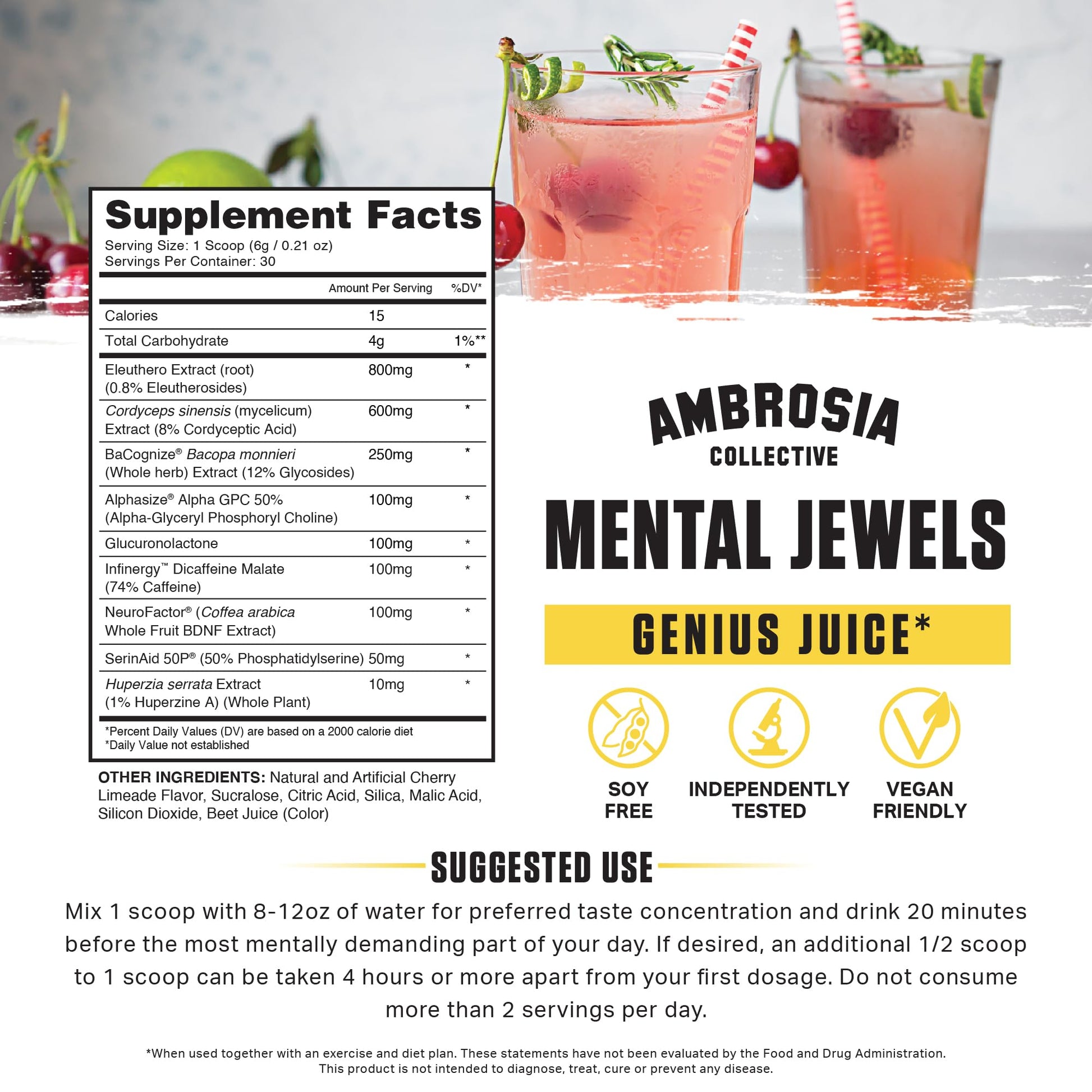 Ambrosia Mental Jewels Nootropic Brain Supplement Powder | Alpha GPC, Bacopa & Phosphatidylserine | Memory, Focus & Concentration Support | 30 Servings | Cherry Limeade Ambrosia buy supplements canada