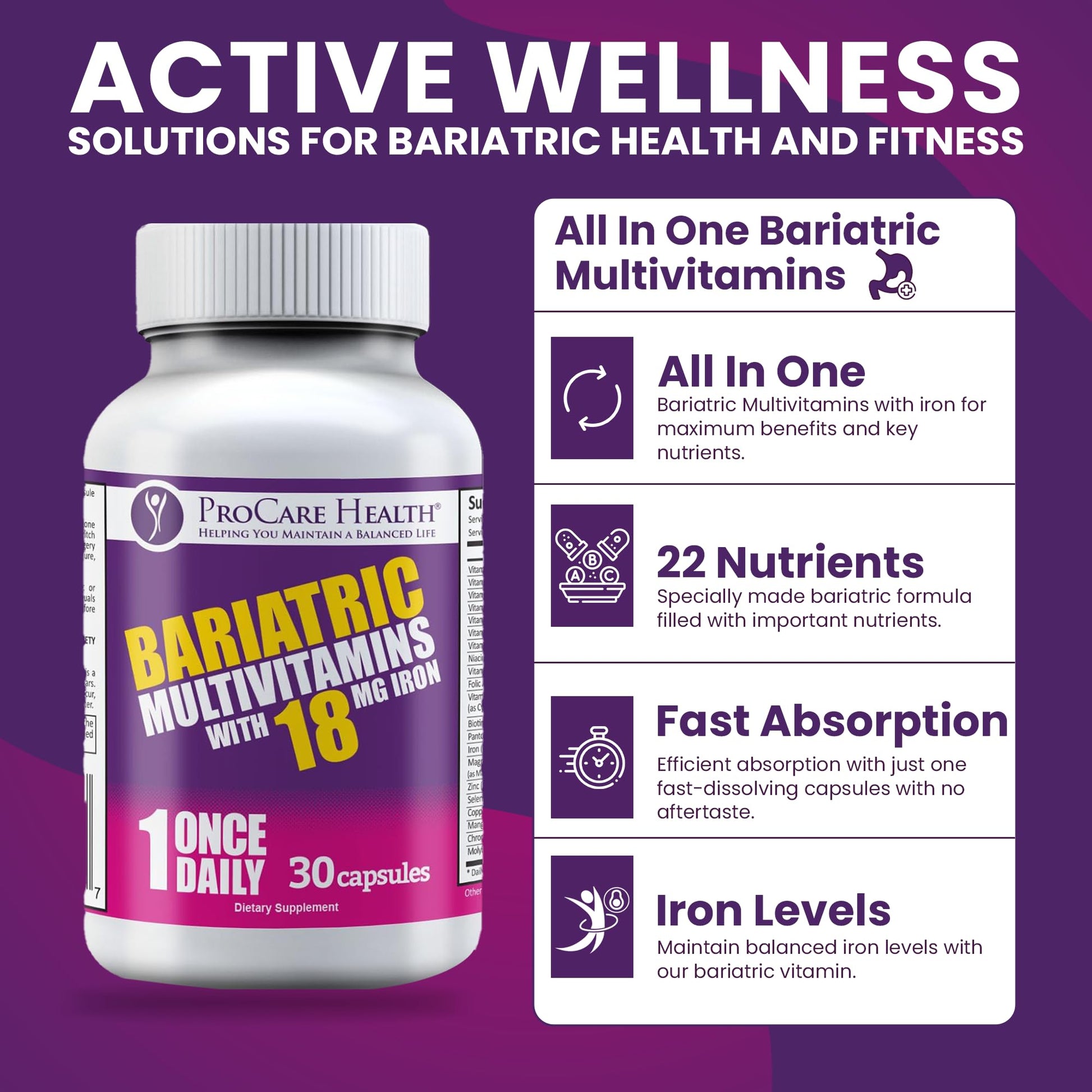 ProCare Health Bariatric Multivitamin with Iron 18mg (30 Easy to Swallow Capsules) - Post Op Bariatric Vitamins ProCare Health buy supplements canada