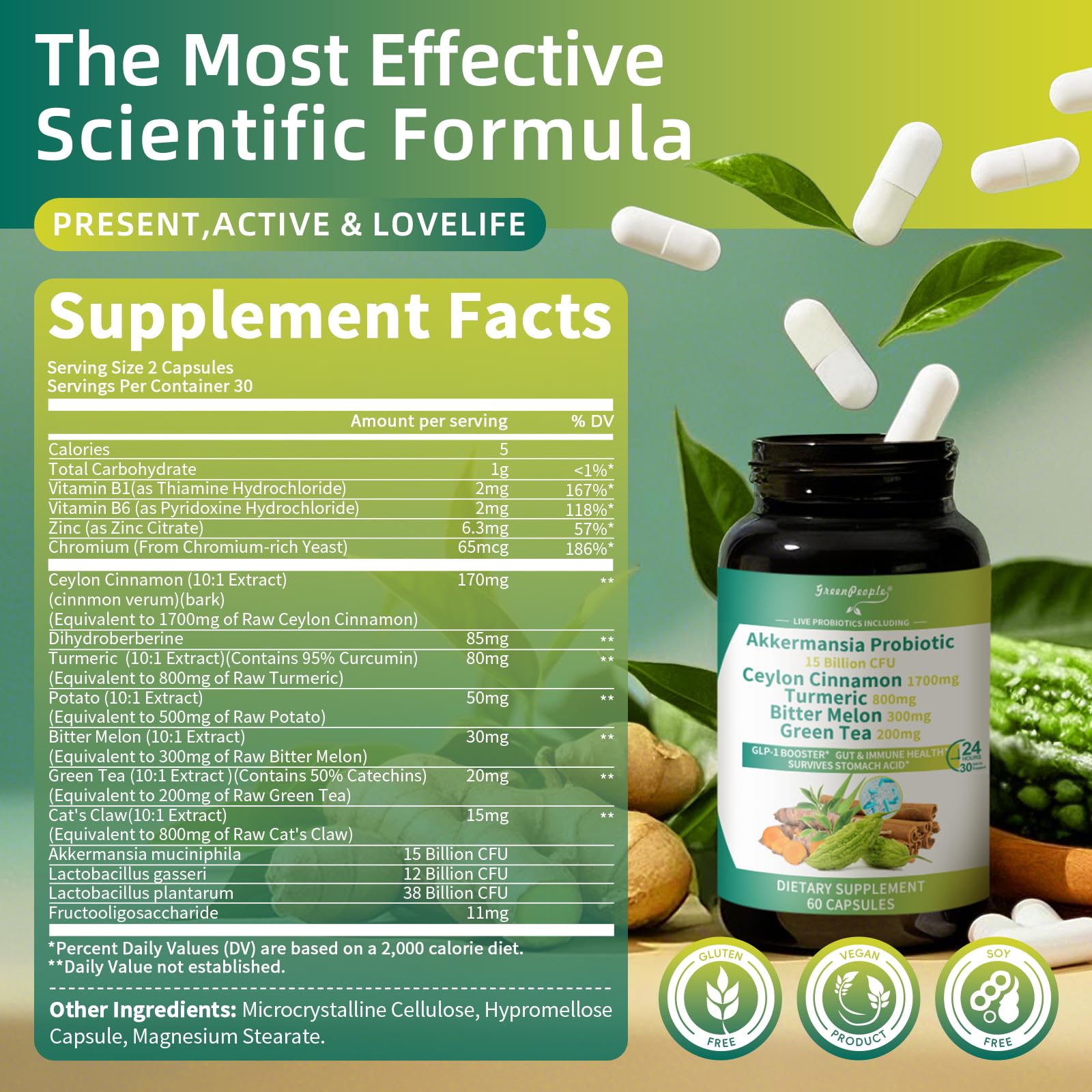 GREENPEOPLE Akkermansia Probiotics 15B CFU for Gut Function, 60CT Probiotics Supplement with Ceylon Cinnamon, Turmeric | Digestive Health & Metabolic Support GREENPEOPLE buy supplements canada