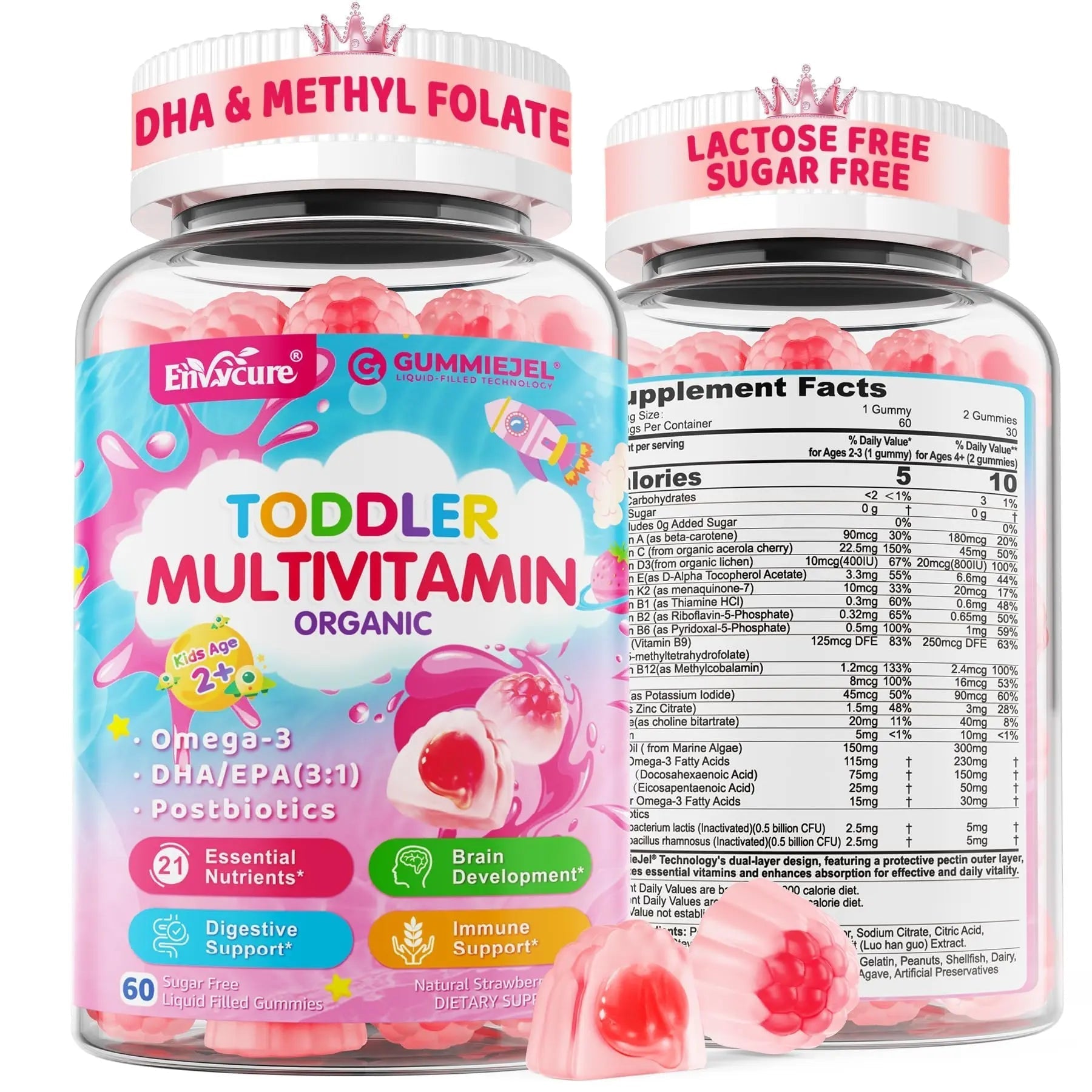 Organic Toddler Multivitamin Gummies + Omega-3 (DHA/EPA), Postbiotics | kids 2+ multivitamin | Vitamins A C D3 Methyl B12 Folate Zinc EnvyCure buy supplements canada