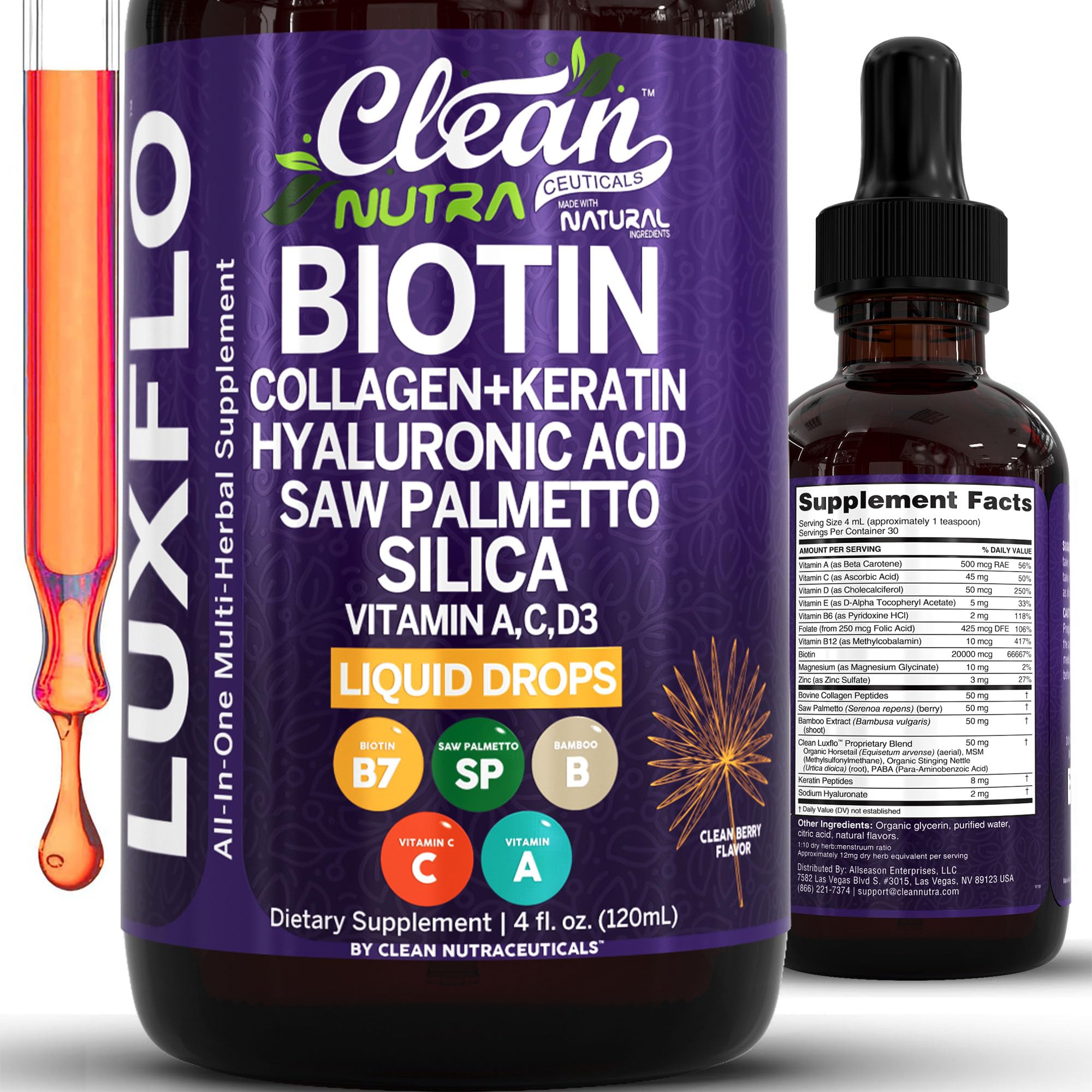 Liquid Biotin & Collagen Keratin Hyaluronic Acid Saw Palmetto Drops Vitamins for Hair Growth Support Silica Vitamin A C D Bamboo Turmeric Zinc Folate Magnesium Horsetail LuxFlo By Clean Nutra Clean Nutraceuticals buy supplements canada