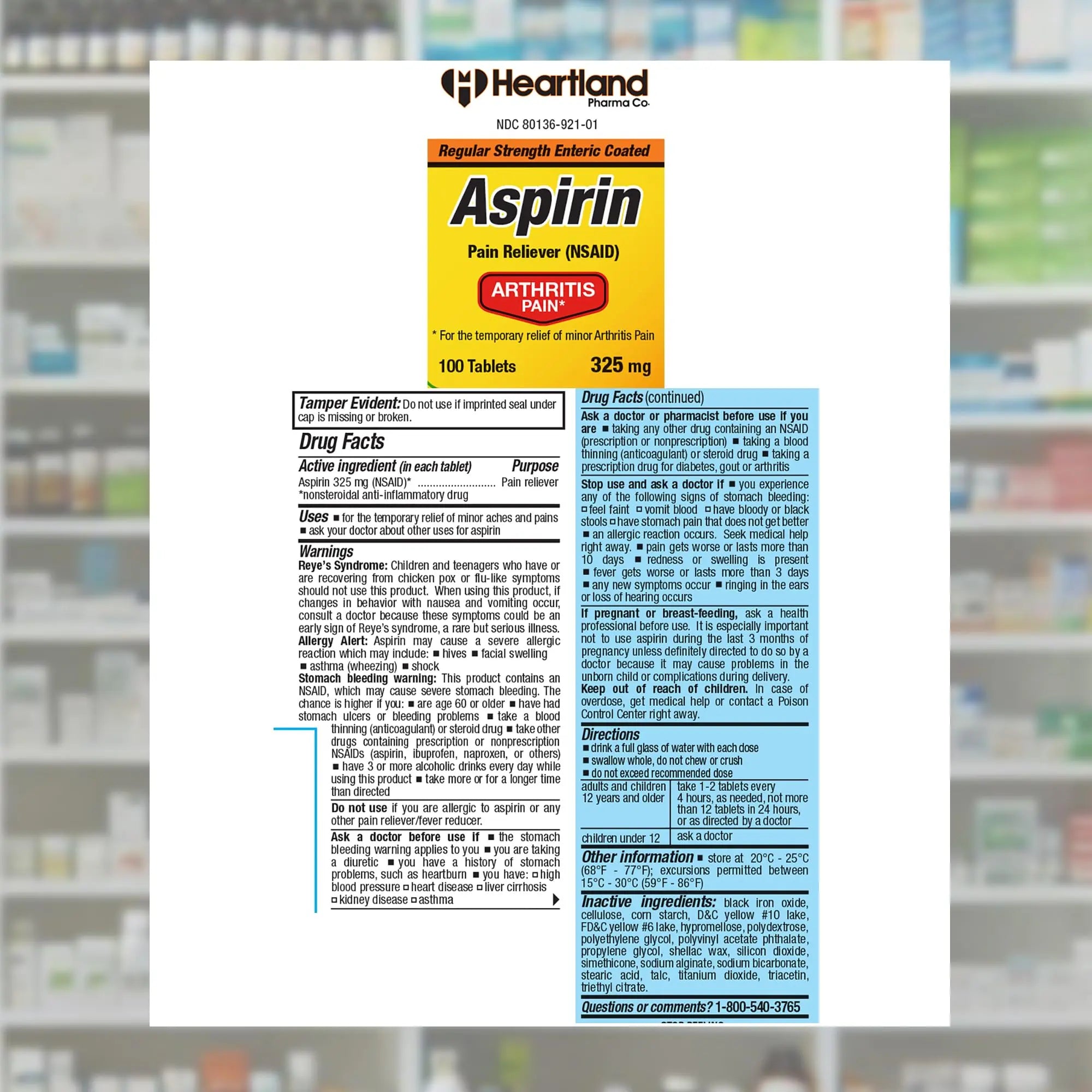 Heartland Pharma Aspirin 325mg Enteric Coated Tablets | Original Strength NSAID Pain Reliever & Fever Reducer | Joint Pain Relief for Arthritis | Child-Resistant Safety Cap | Made in USA | 100 Count Heartland Pharma buy supplements canada