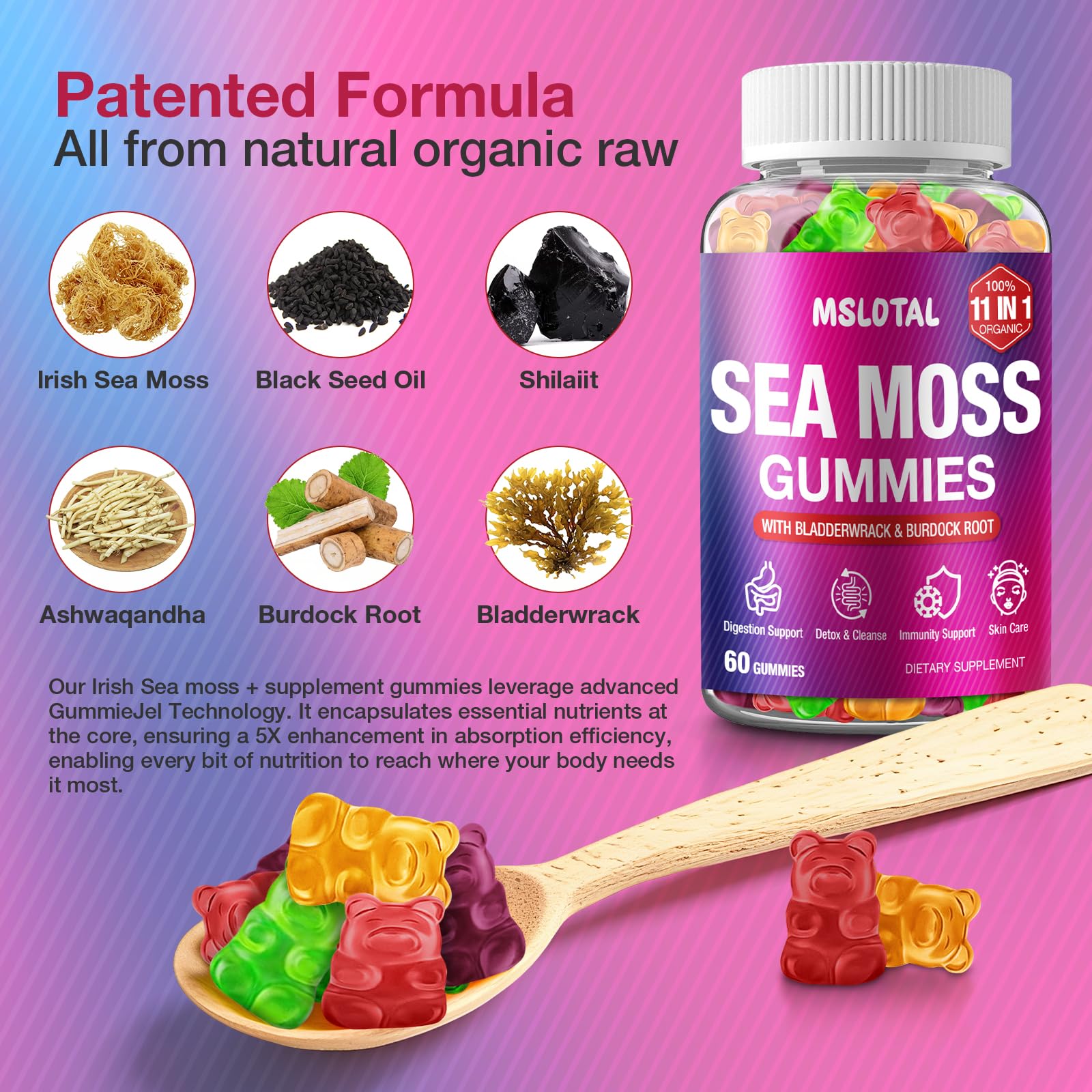 MSLOTAL Irish Sea Moss Gummies with Black Seed Oil, Ashwagandha Bladderwrack and Burdock Root, Organic Sea Moss Gummies for Women and Men with Shilajit, Immune Support, Vegan, 120 Gummies Totalss MSLOTAL buy supplements canada