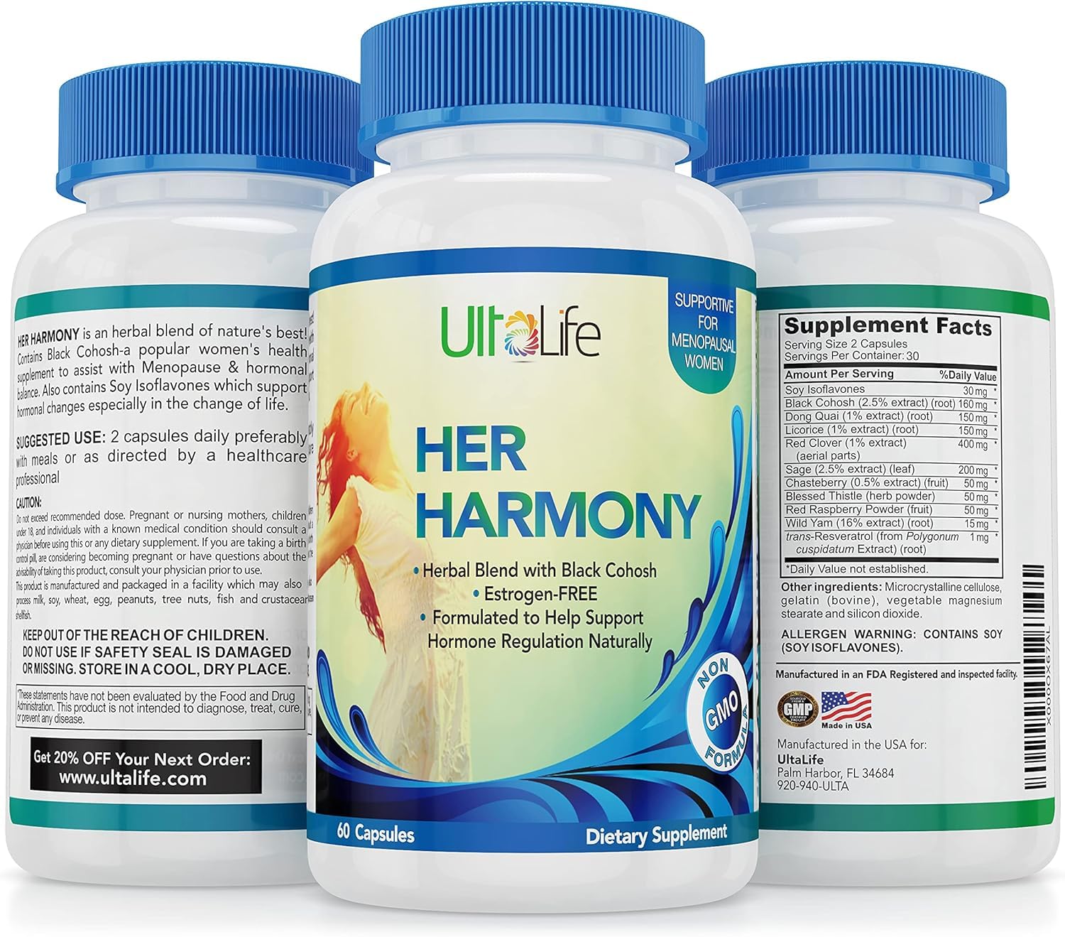 UltaLife Her Harmony Menopause Supplements for Women - Hot Flashes Menopause Relief & Hormone Balance for Women - Contains Black Cohosh, Dong Quai, Red Clover & More - Estrogen Free - 120 Capsules ULTALIFE buy supplements canada
